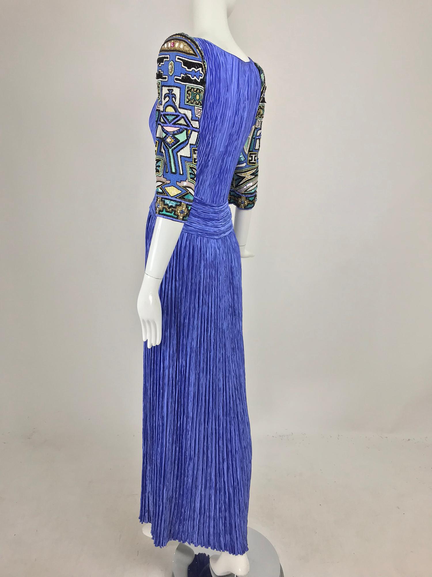 Mary McFadden Couture Art Beaded Pleated Evening Gown in Blue 1980s 4