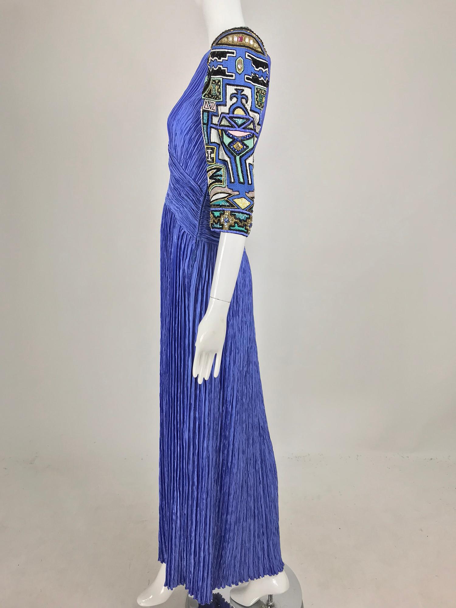 Mary McFadden Couture Art Beaded Pleated Evening Gown in Blue 1980s 5