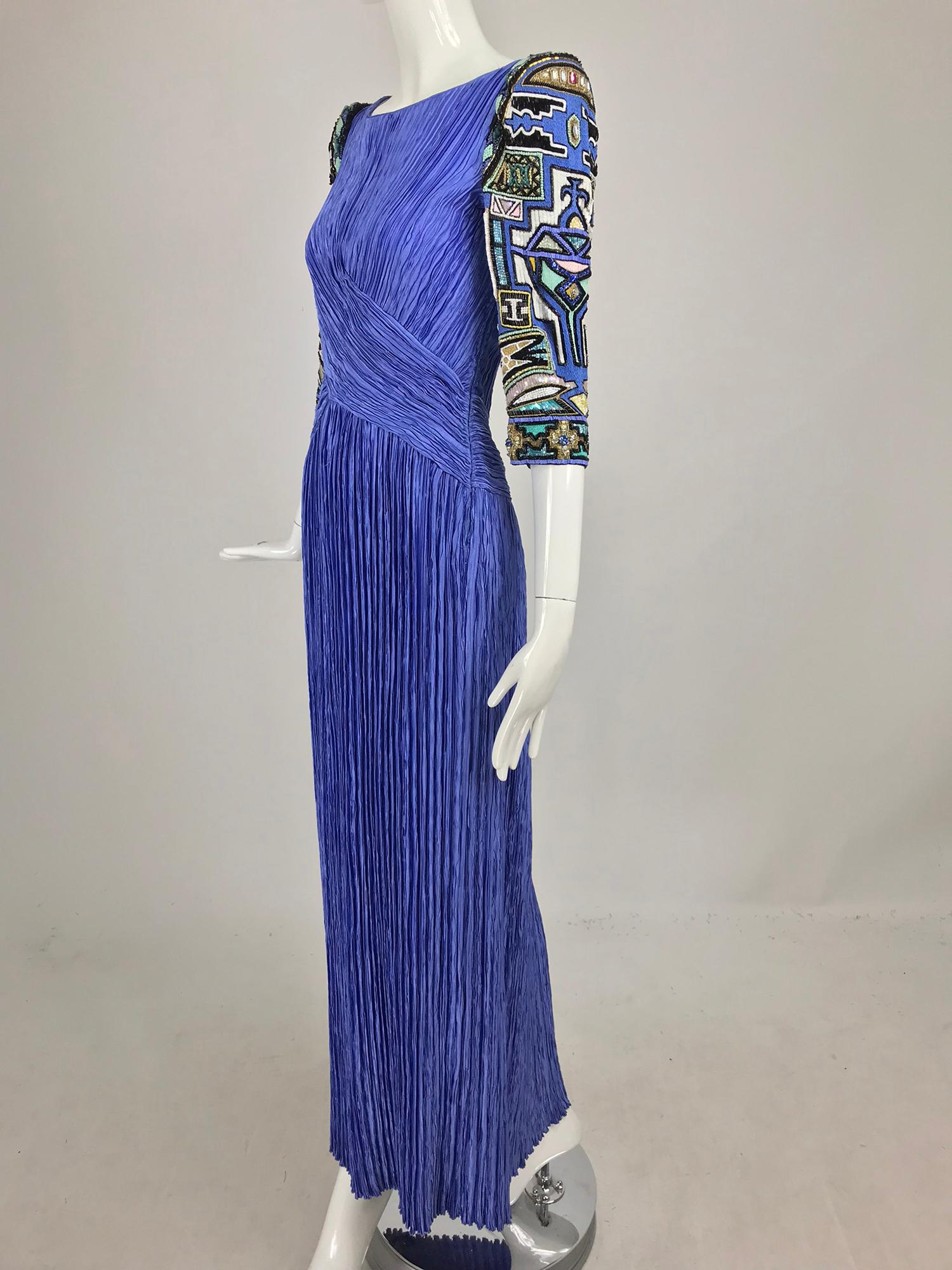 Mary McFadden Couture Art Beaded Pleated Evening Gown in Blue 1980s 6