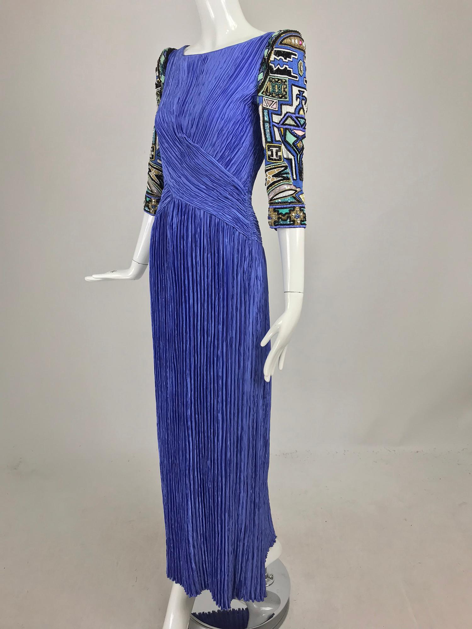 Mary McFadden Couture Art Beaded Pleated Evening Gown in Blue 1980s 7