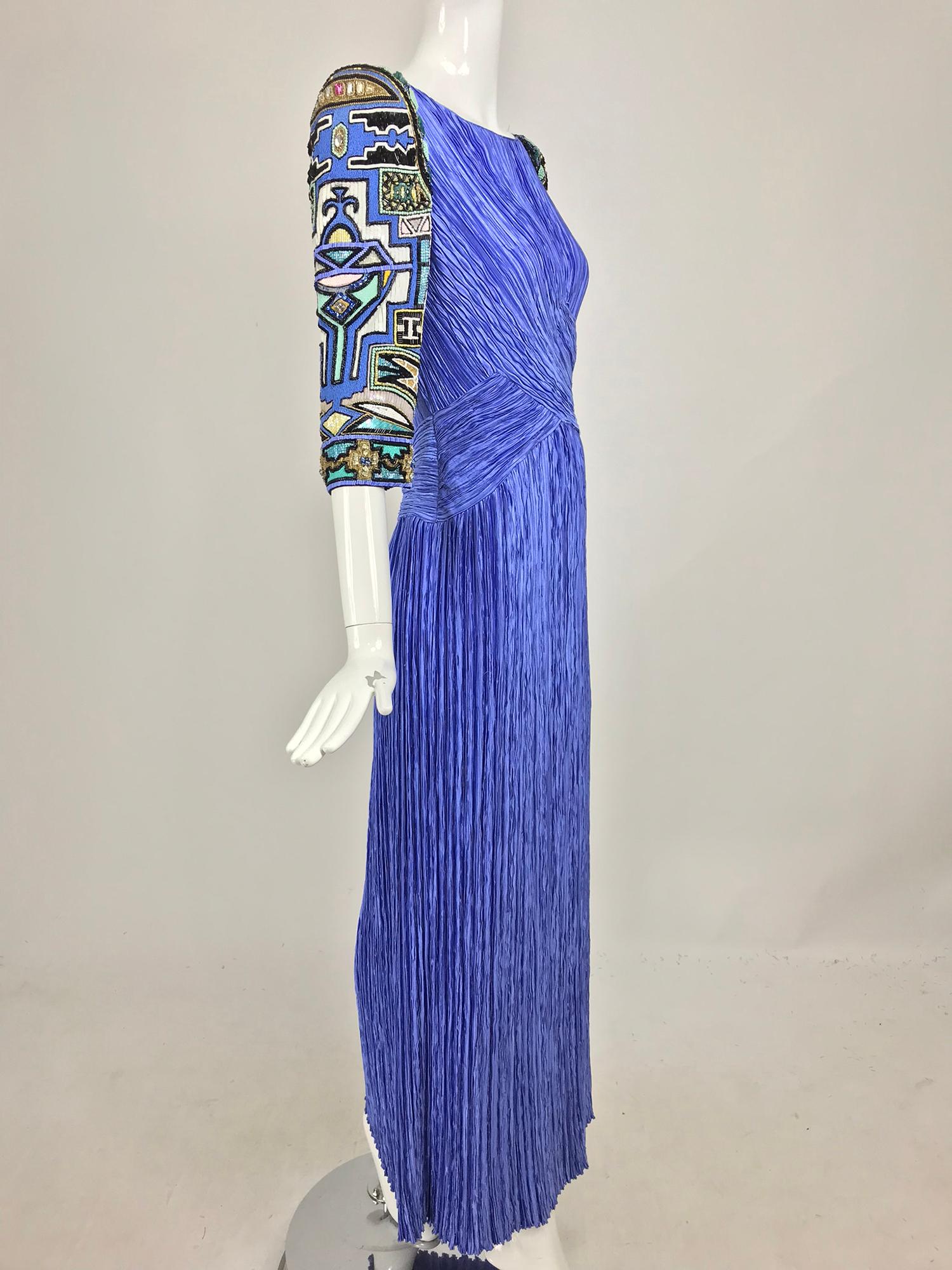 Mary McFadden Couture Art Beaded Pleated Evening Gown in Blue 1980s In Good Condition In West Palm Beach, FL