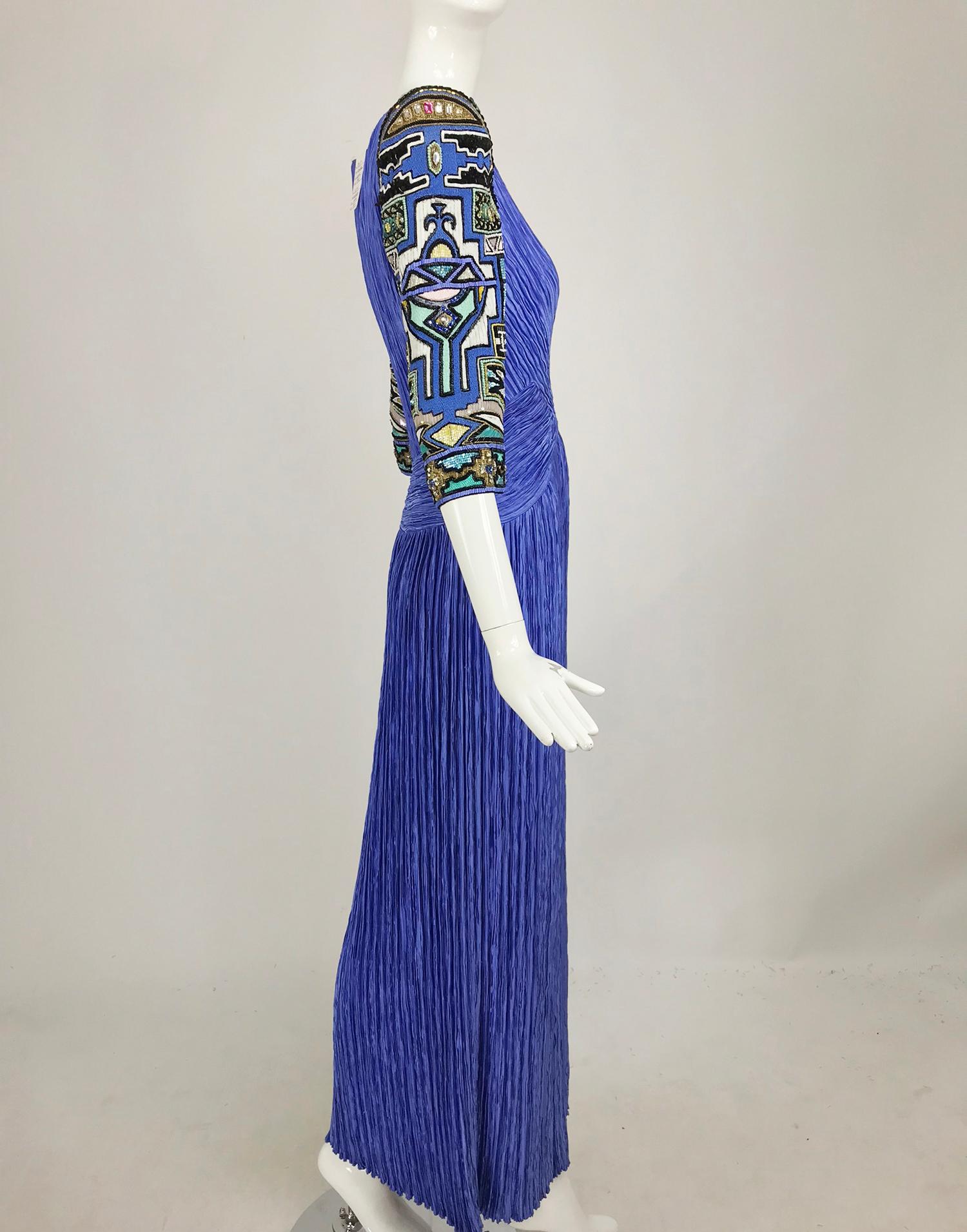 Women's Mary McFadden Couture Art Beaded Pleated Evening Gown in Blue 1980s
