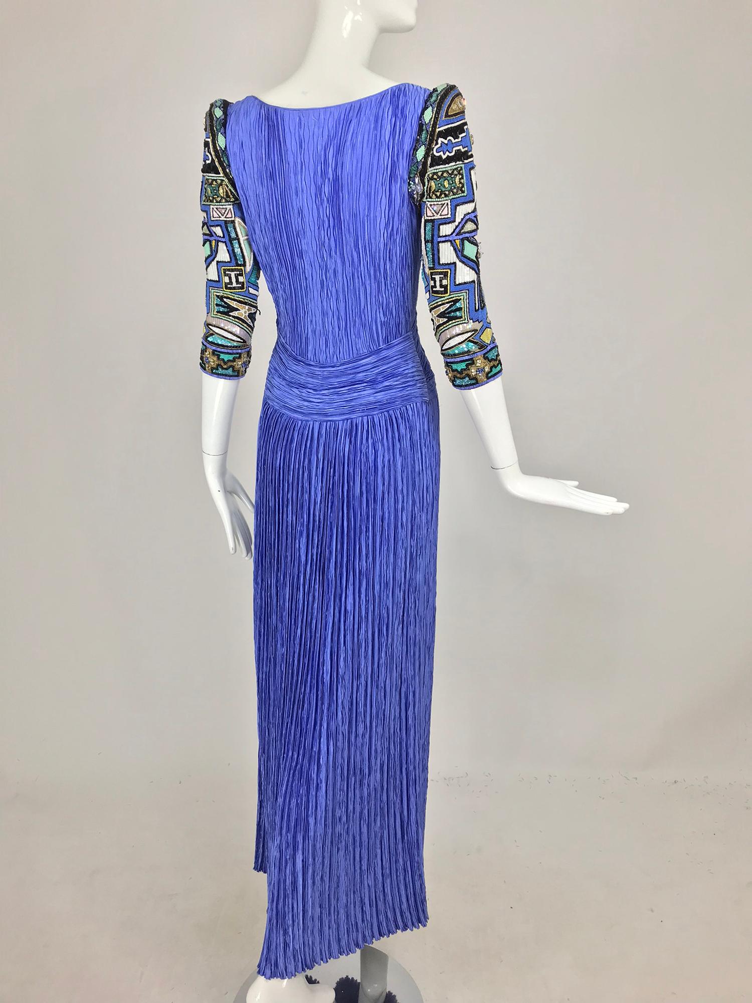 Mary McFadden Couture Art Beaded Pleated Evening Gown in Blue 1980s 1