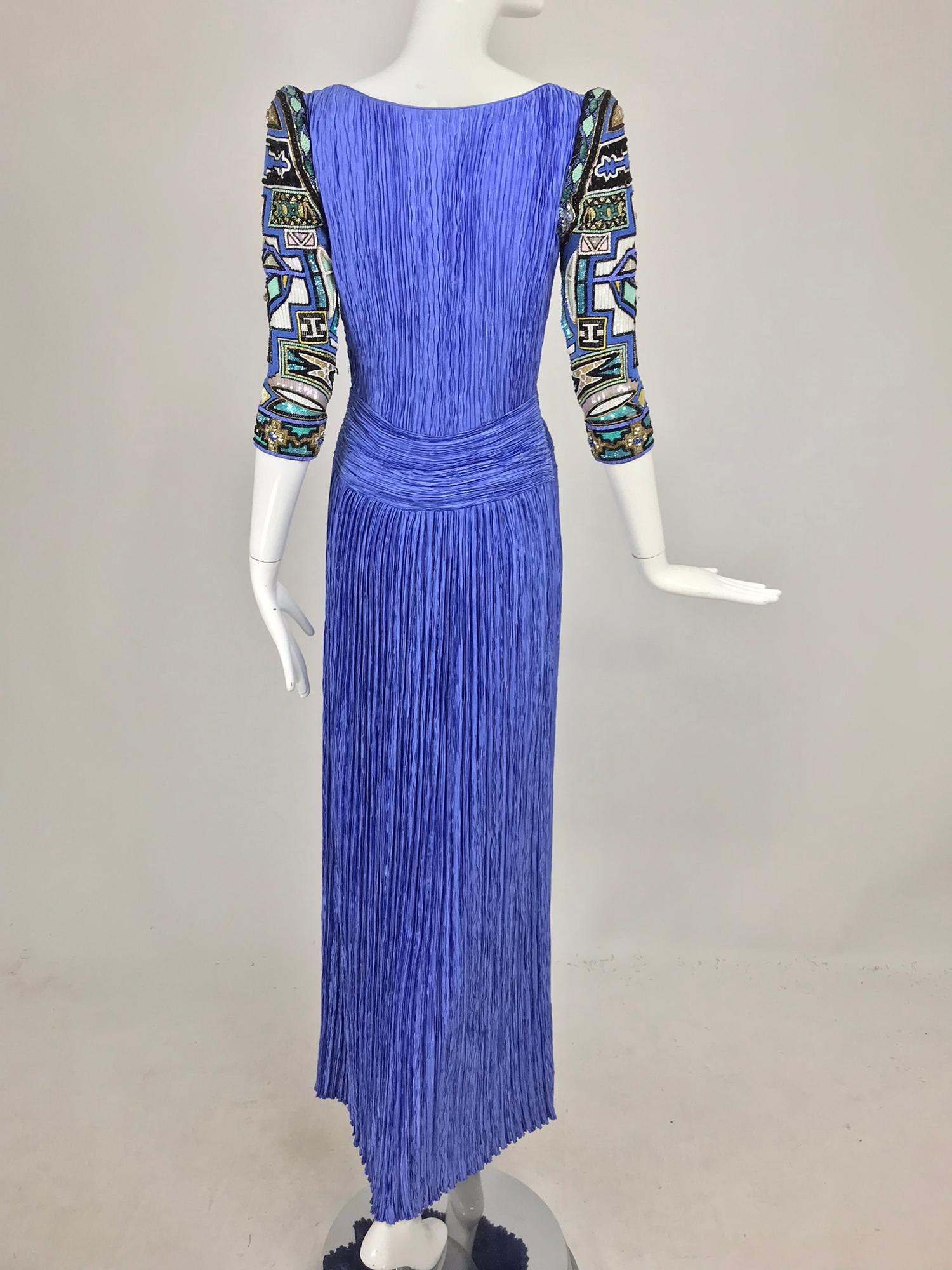 Mary McFadden Couture Art Beaded Pleated Evening Gown in Blue 1980s 2