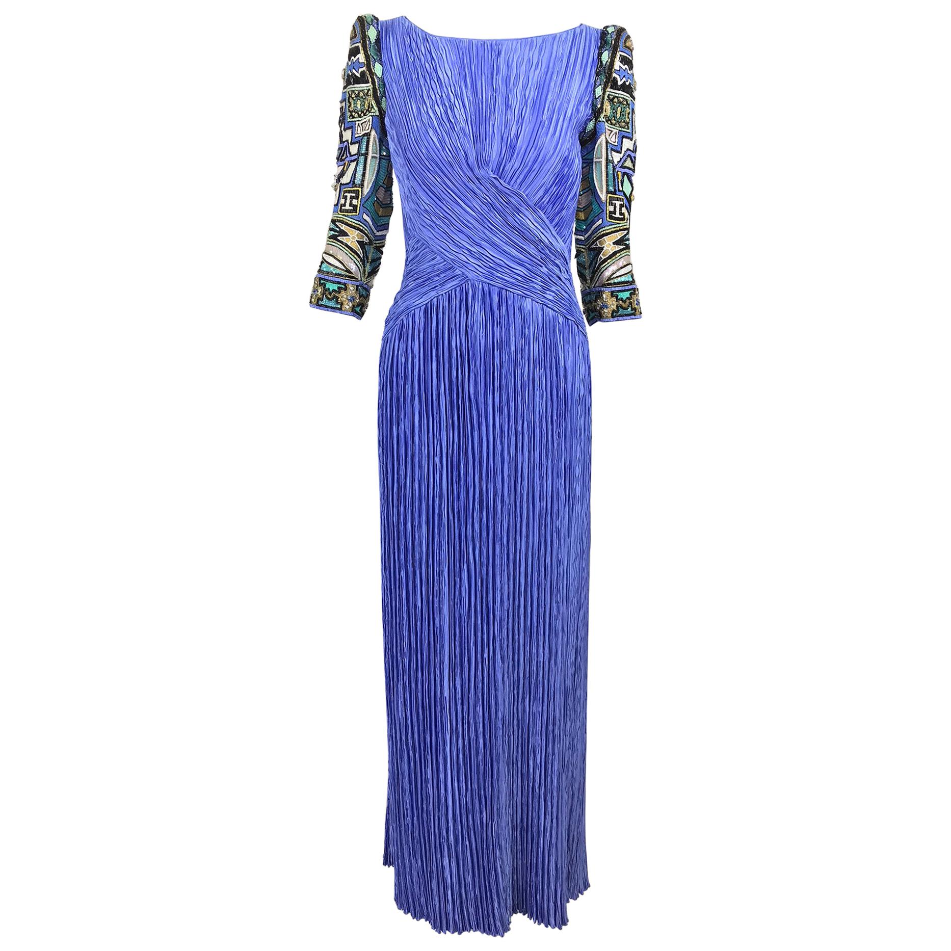 Mary McFadden Couture Art Beaded Pleated Evening Gown in Blue 1980s