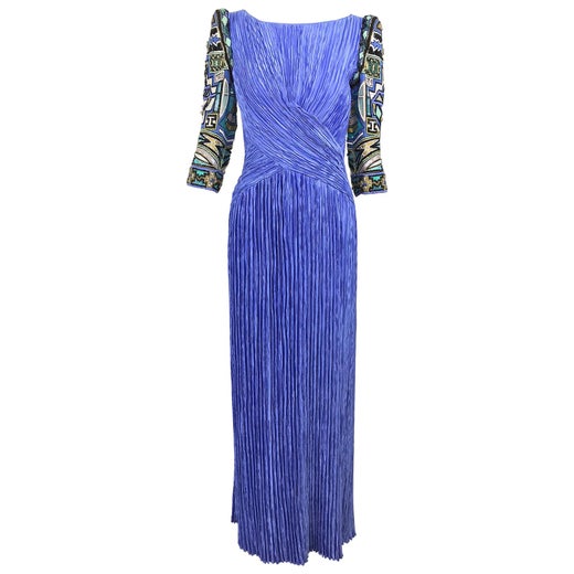 Mary McFadden Vintage Purple Pleated Plunging Neck Maxi Dress For Sale ...