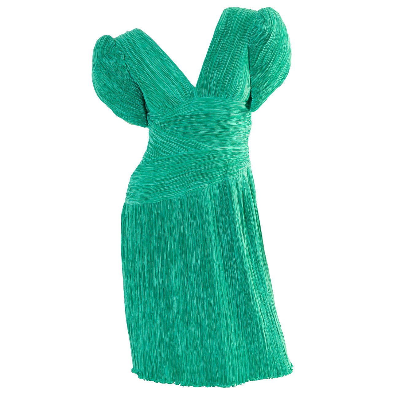 Mary McFadden Couture Green Pleated Sculpted Short Sleeve Dress, 1980s