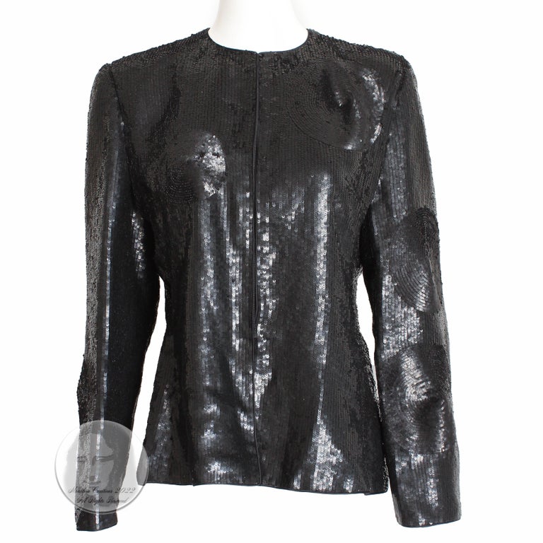 Authentic, preowned, vintage jacket, made by Mary McFadden Couture, most likely in the 90s.  Originally sold by high end boutique Nina Rayner of Delray Beach. Made from black sequins with an abstract circular pattern, it's the perfect little jacket