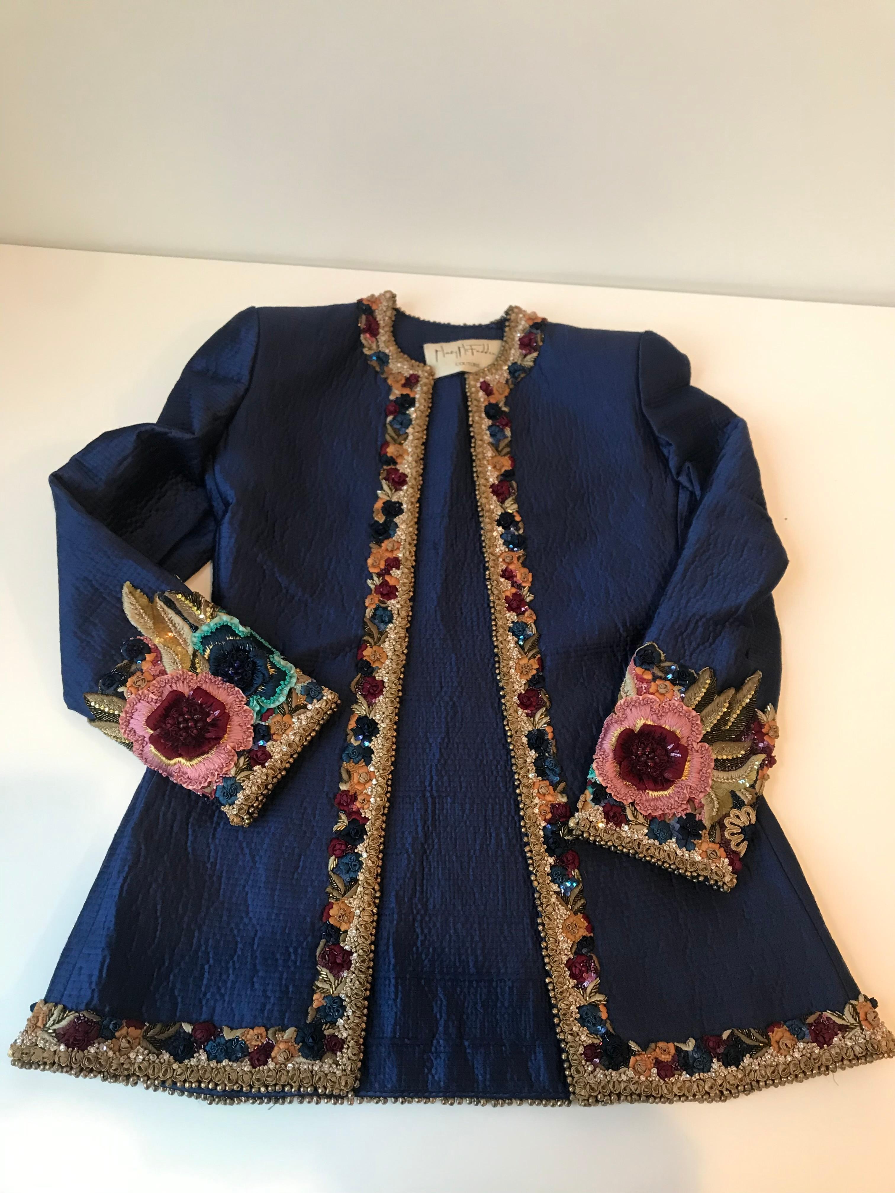 Mary McFadden Couture Royal Blue Embroidered Quilted Flower Appliqué Jacket For Sale 3
