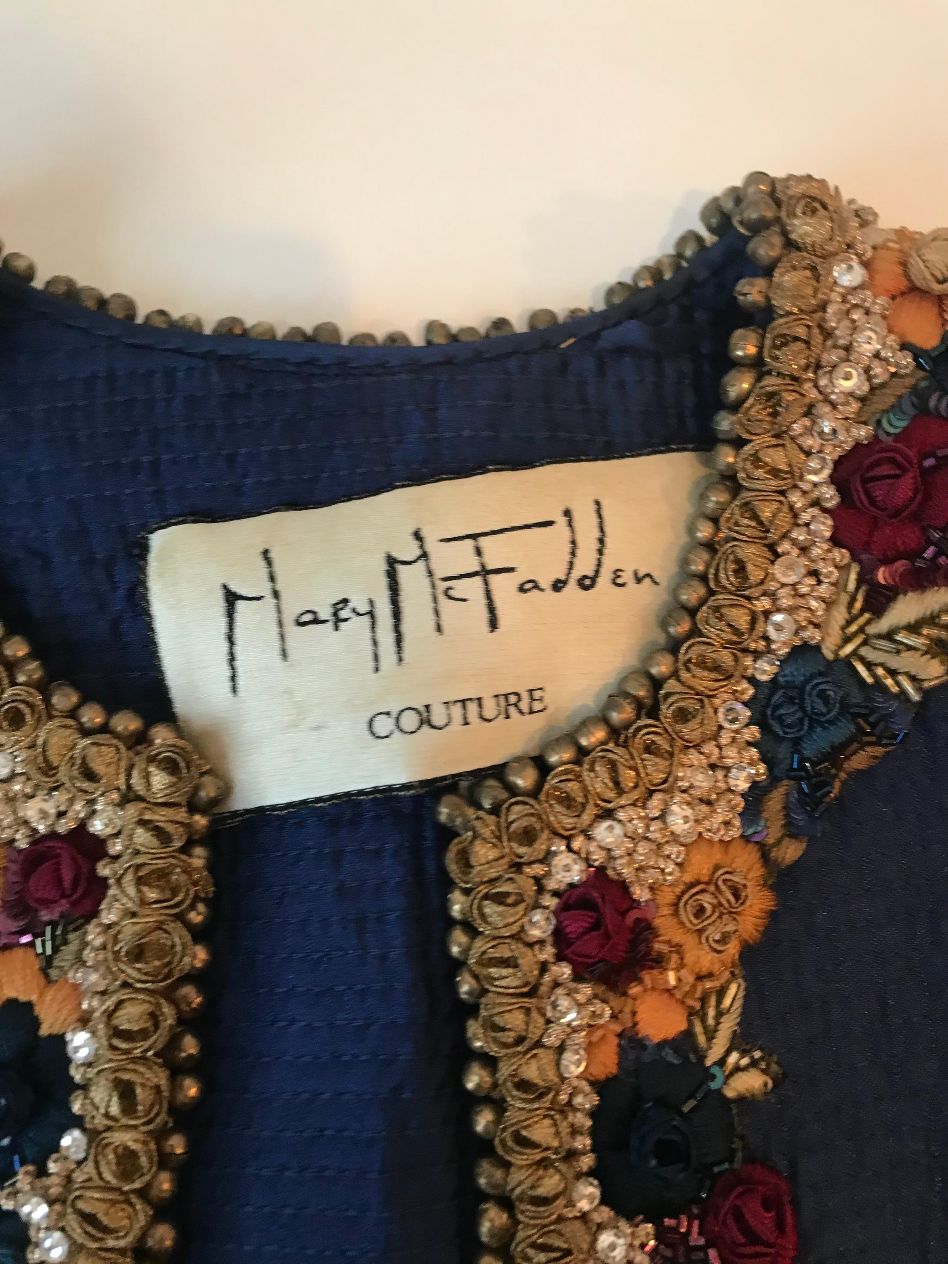 Mary McFadden Couture Royal Blue Embroidered Quilted Flower Appliqué Jacket For Sale 4