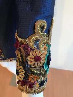 Mary McFadden Couture Royal Blue Embroidered Quilted Flower Appliqué Jacket