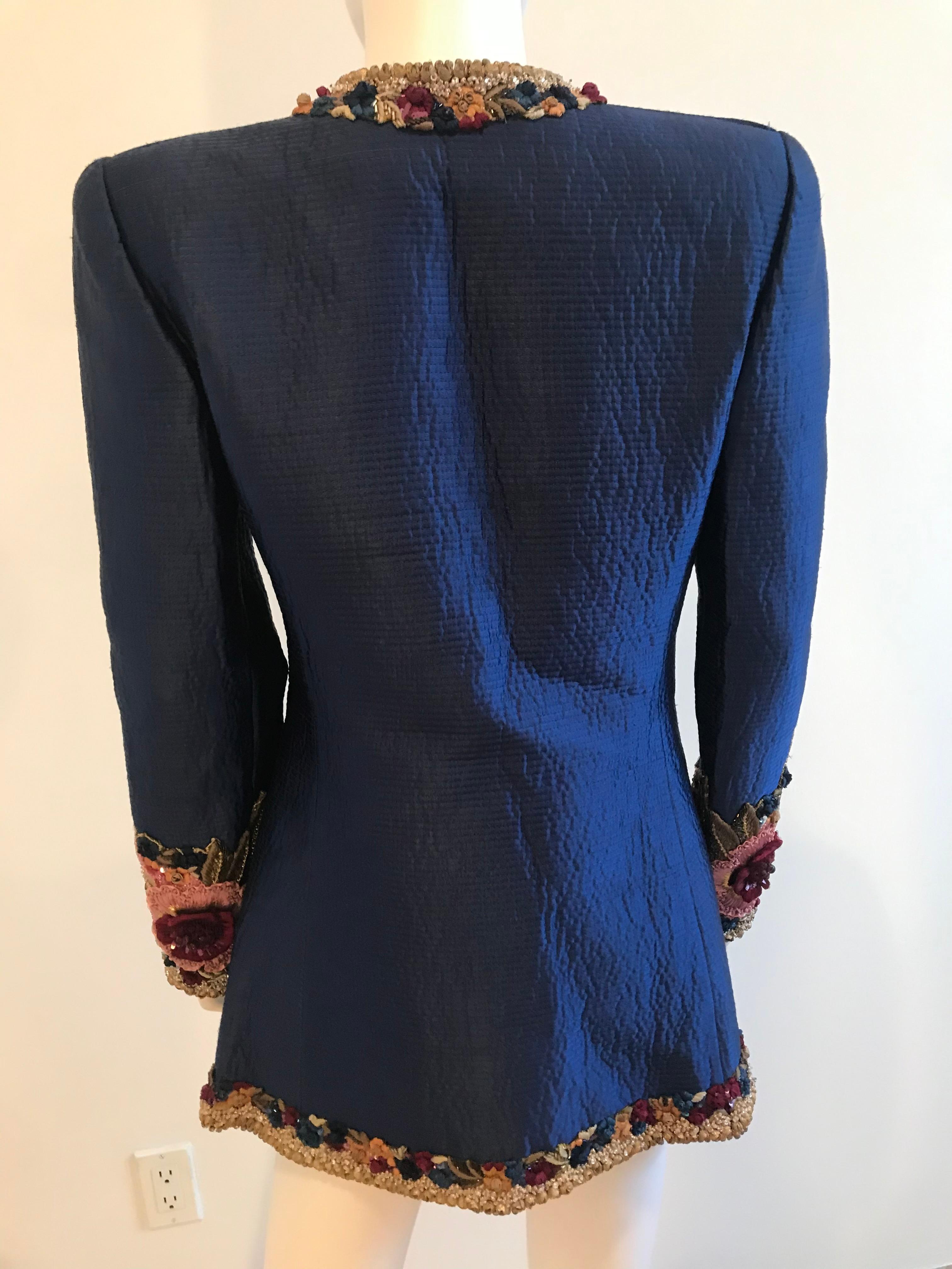 Black Mary McFadden Couture Royal Blue Embroidered Quilted Flower Appliqué Jacket For Sale
