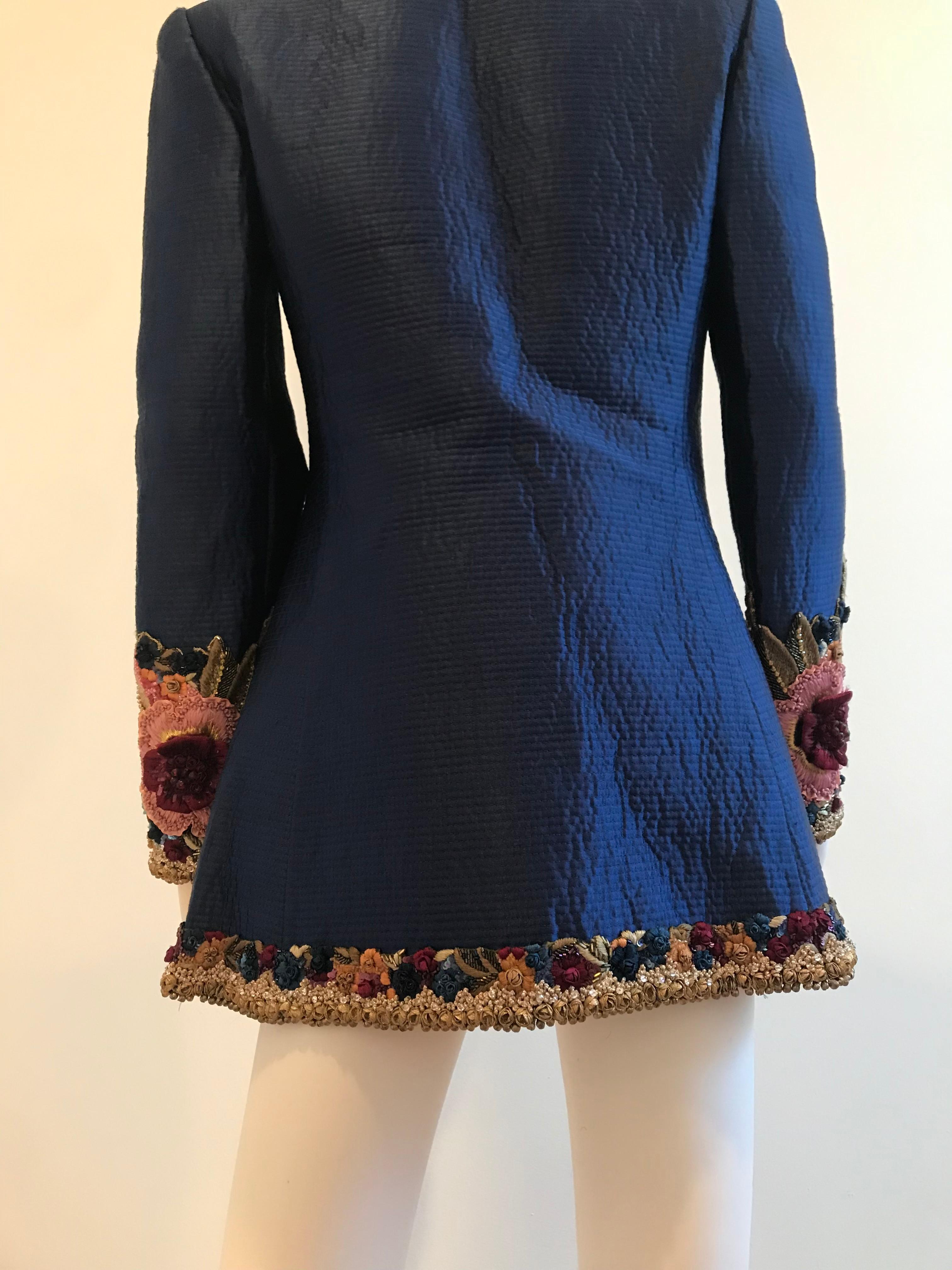 Women's or Men's Mary McFadden Couture Royal Blue Embroidered Quilted Flower Appliqué Jacket For Sale