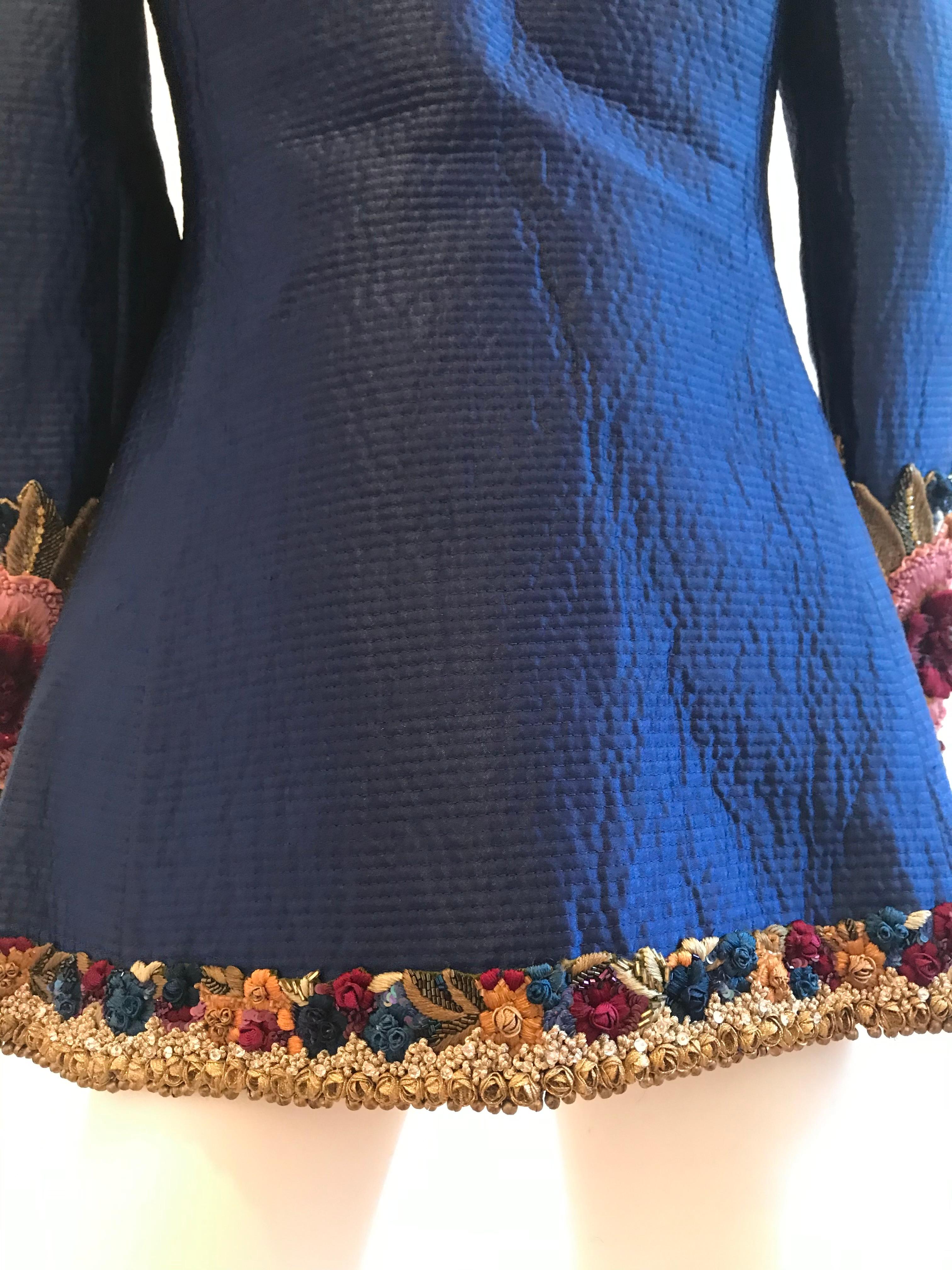 Mary McFadden Couture Royal Blue Embroidered Quilted Flower Appliqué Jacket For Sale 1
