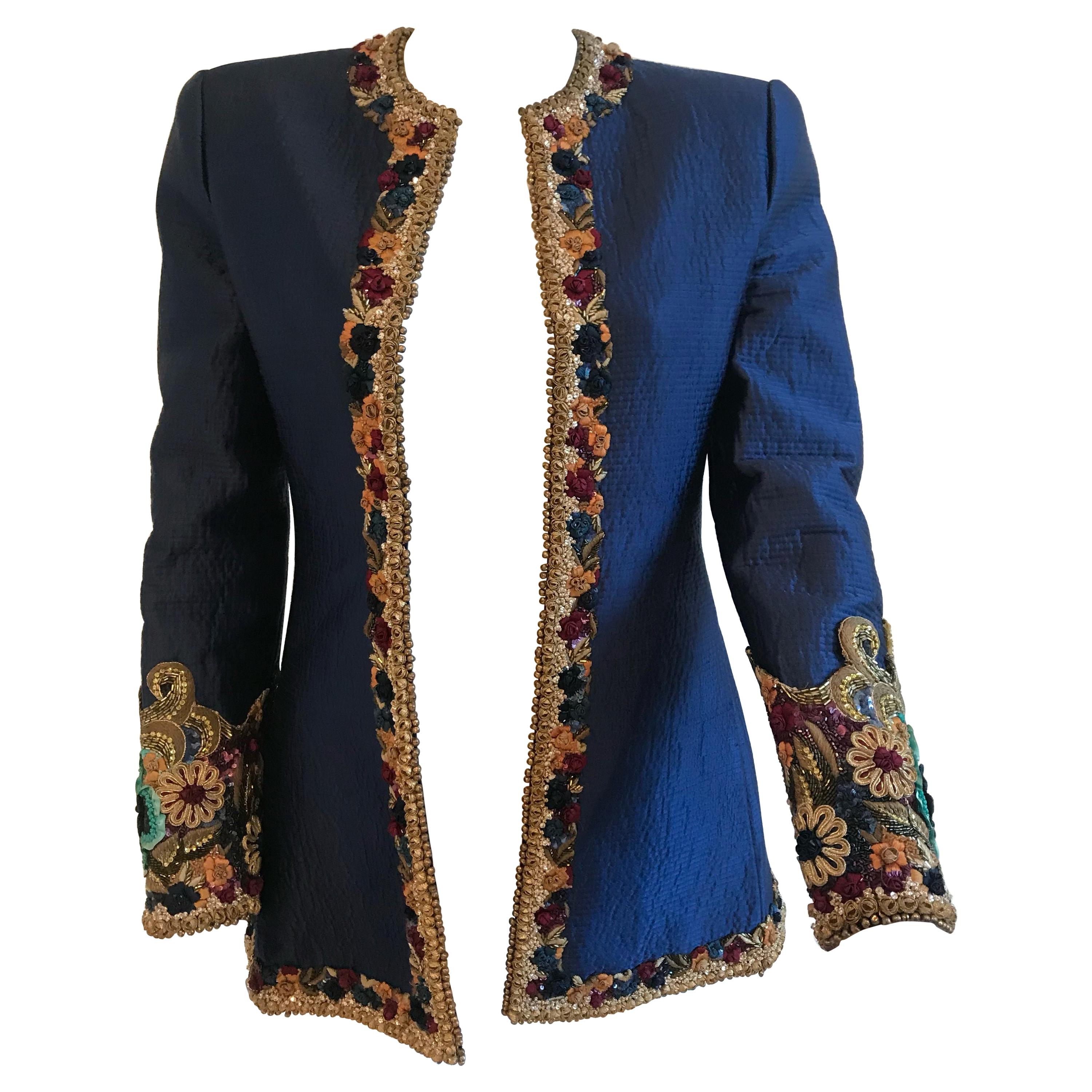 Mary McFadden Couture Royal Blue Embroidered Quilted Flower Appliqué Jacket