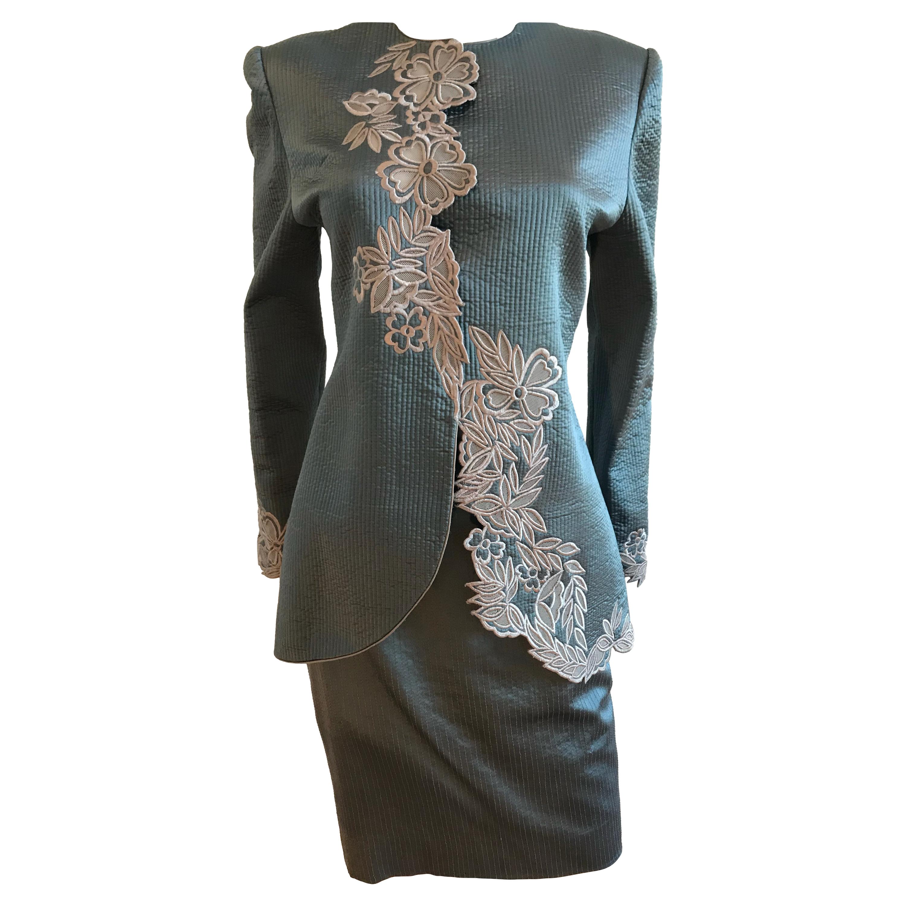 Mary McFadden Couture Silk Embroidered Detail Skirt Suit Set