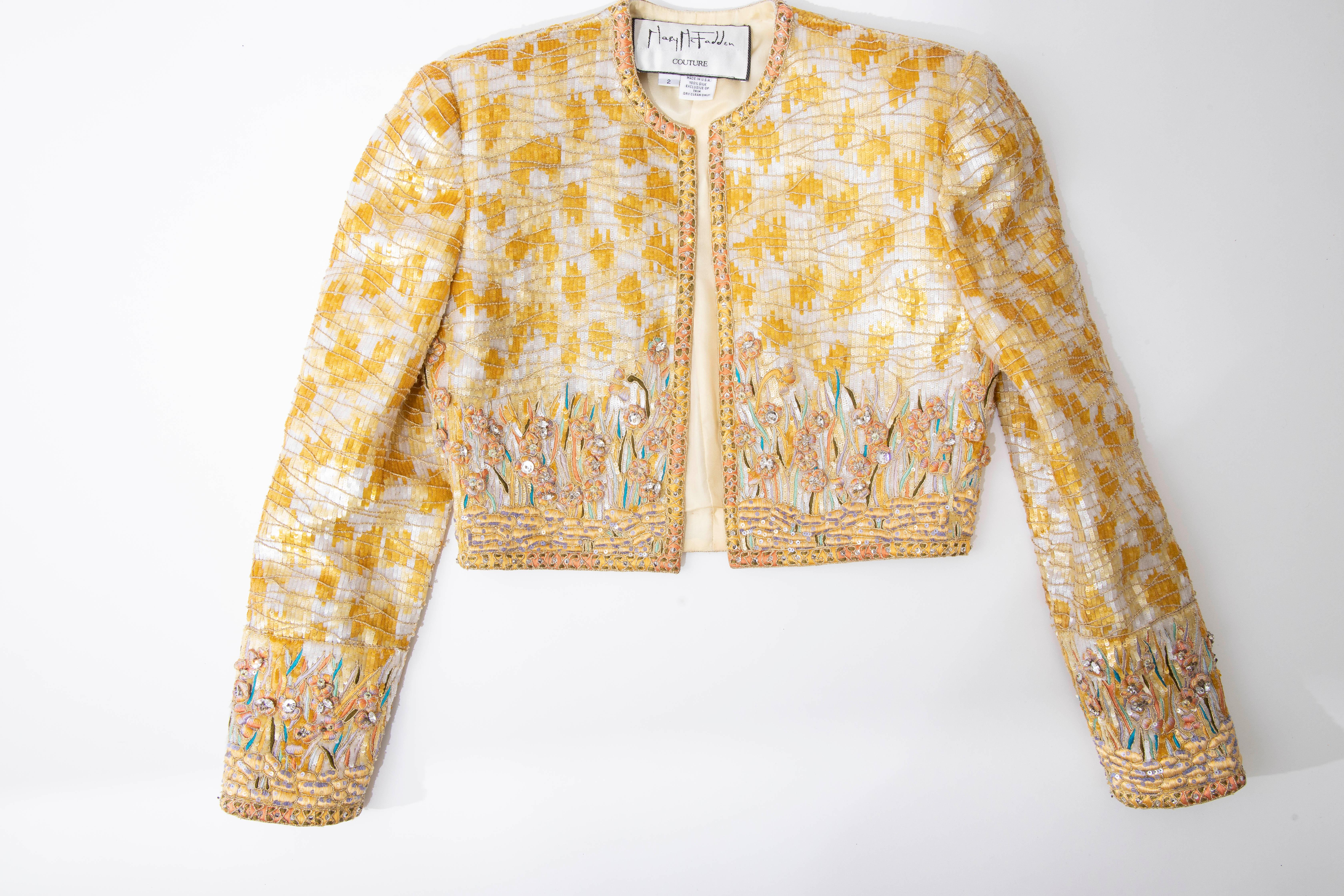 Mary McFadden Couture Silk Embroidered Sequins Diamanté Bolero Jacket, ca. 1980's For Sale 6