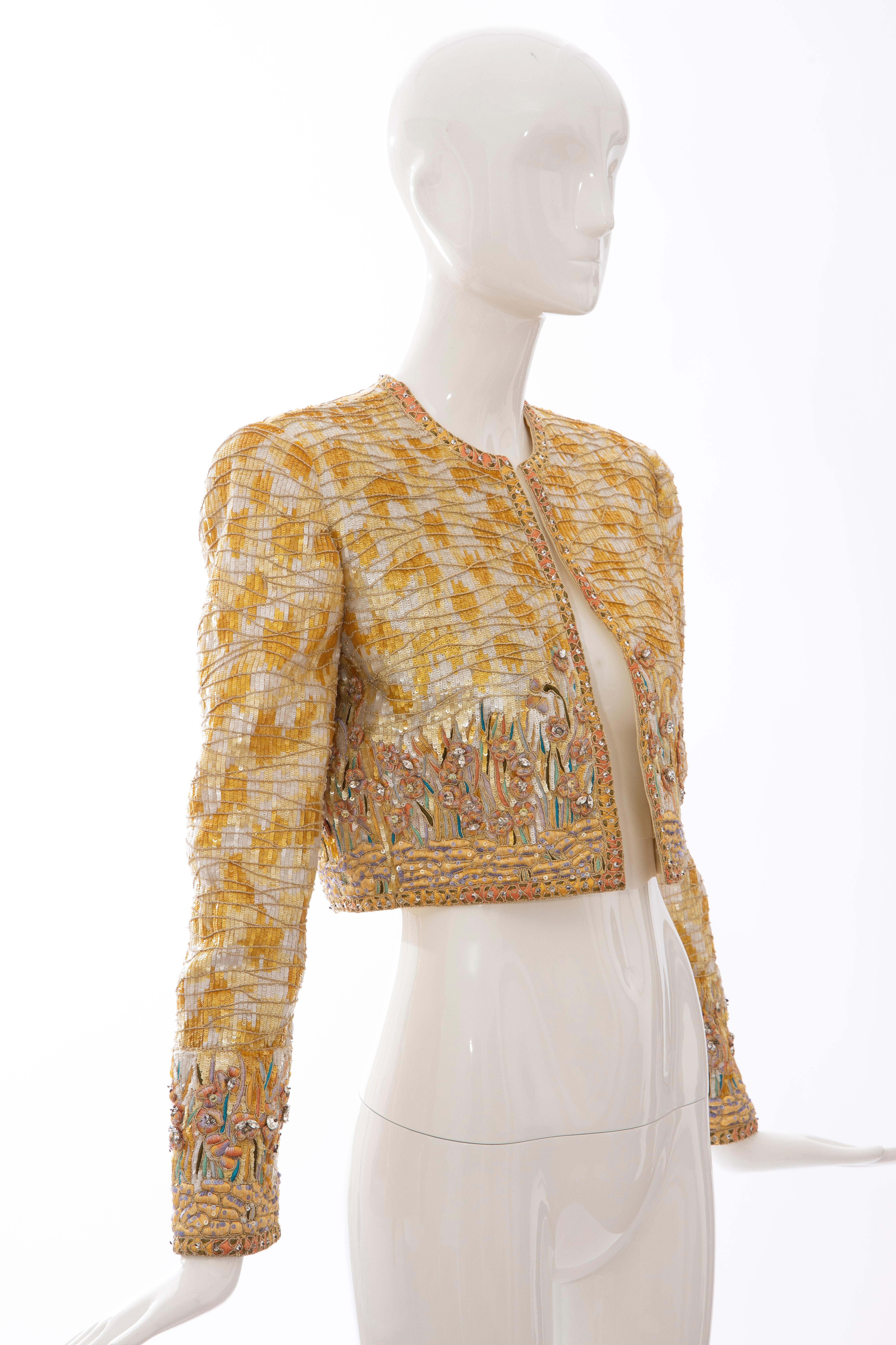 Brown Mary McFadden Couture Silk Embroidered Sequins Diamanté Bolero Jacket, ca. 1980's For Sale