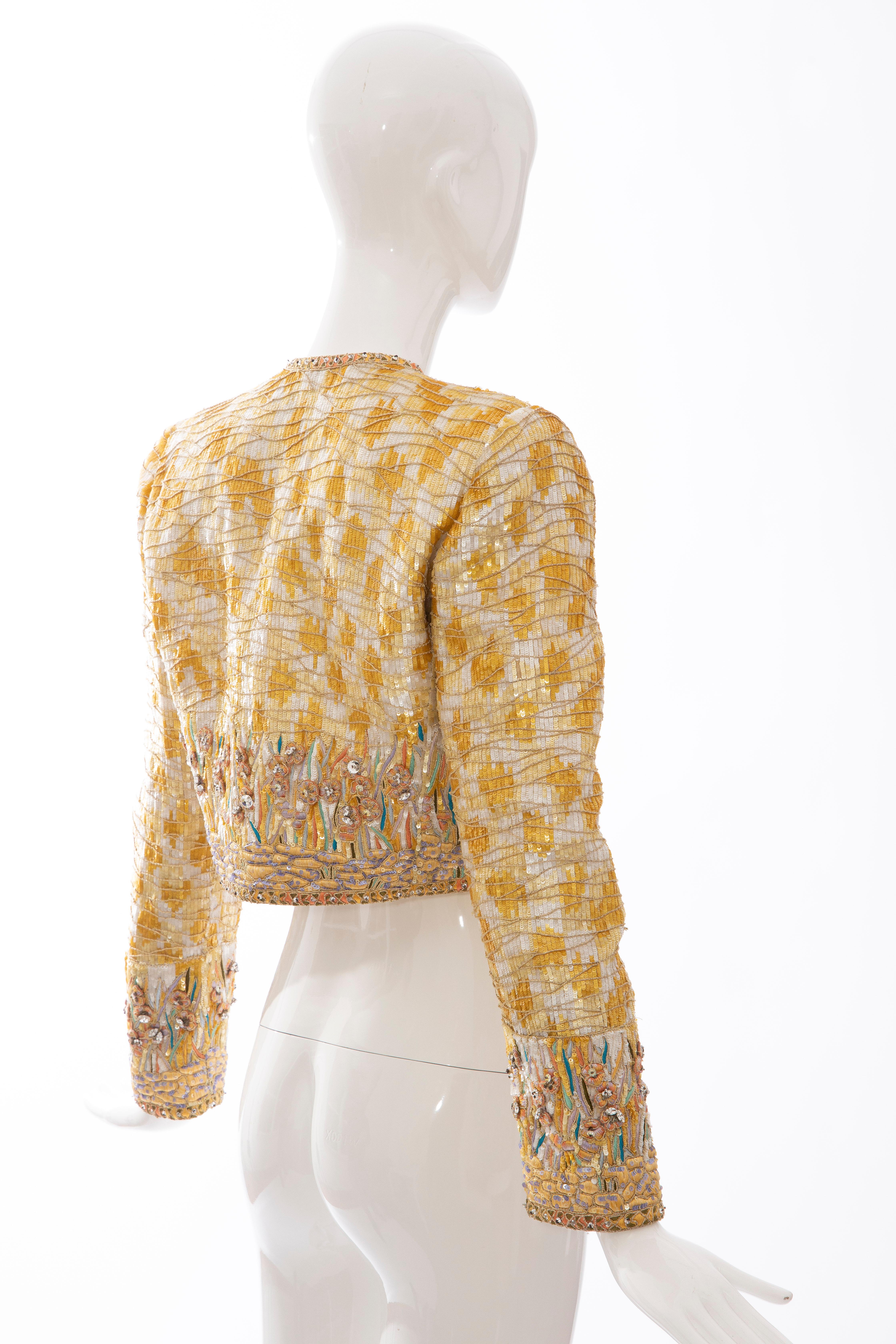 Women's Mary McFadden Couture Silk Embroidered Sequins Diamanté Bolero Jacket, ca. 1980's For Sale