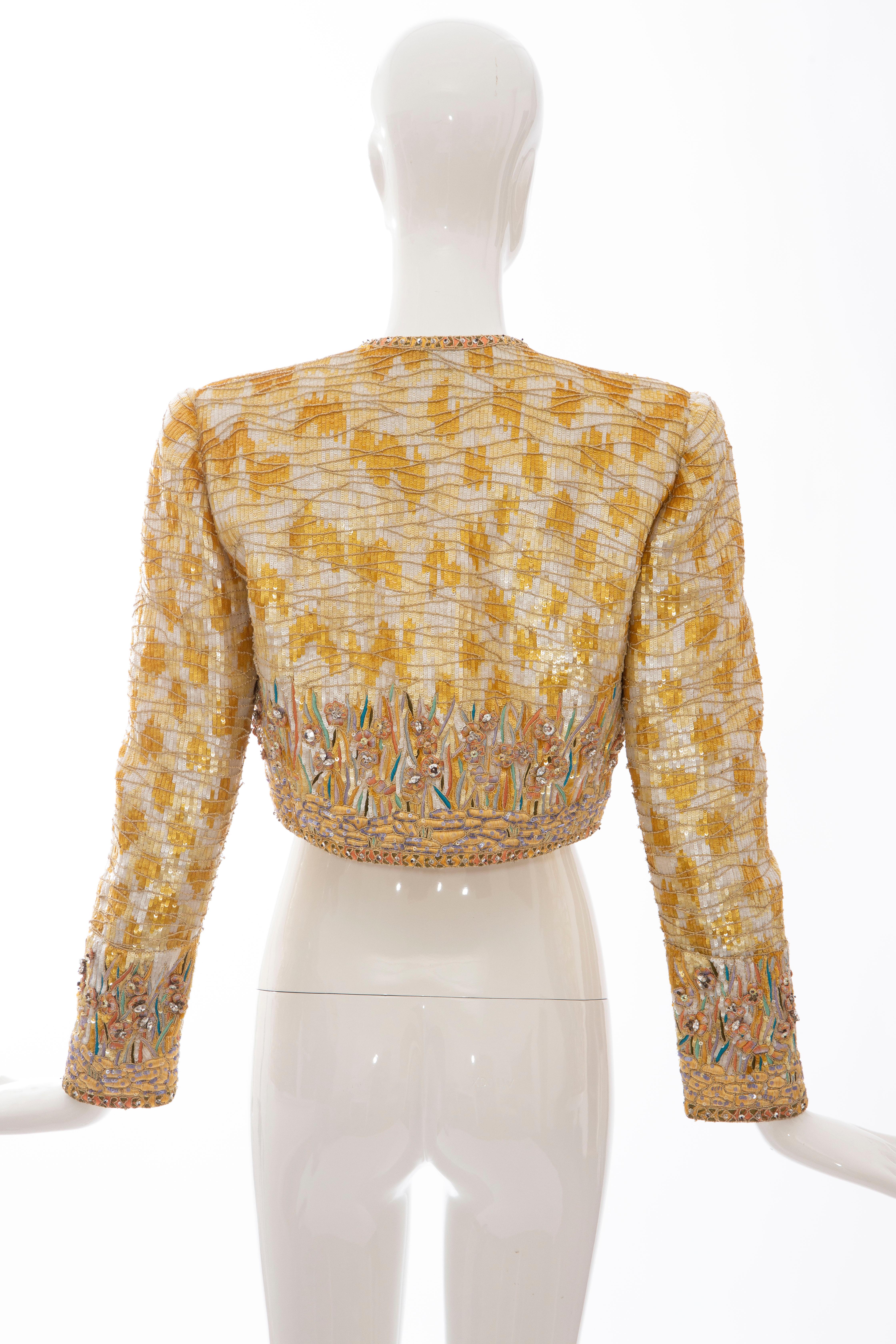 Mary McFadden Couture Silk Embroidered Sequins Diamanté Bolero Jacket, ca. 1980's For Sale 1