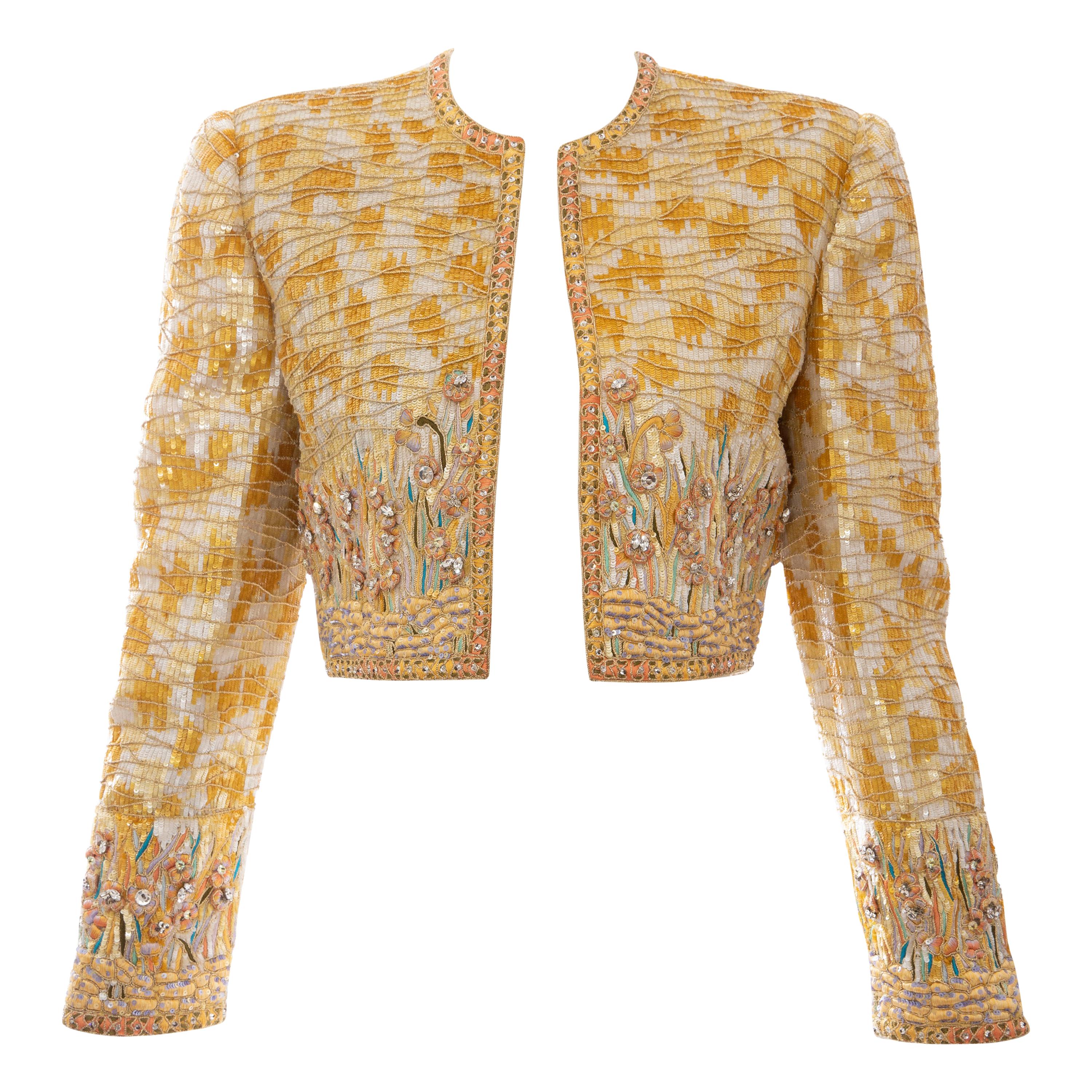 Mary McFadden Couture Silk Embroidered Sequins Diamanté Bolero Jacket, ca. 1980's For Sale