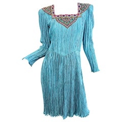 Mary McFadden Couture Size 6 Turquoise Dress S/S 1983 Beaded Sequin 1980s Dress