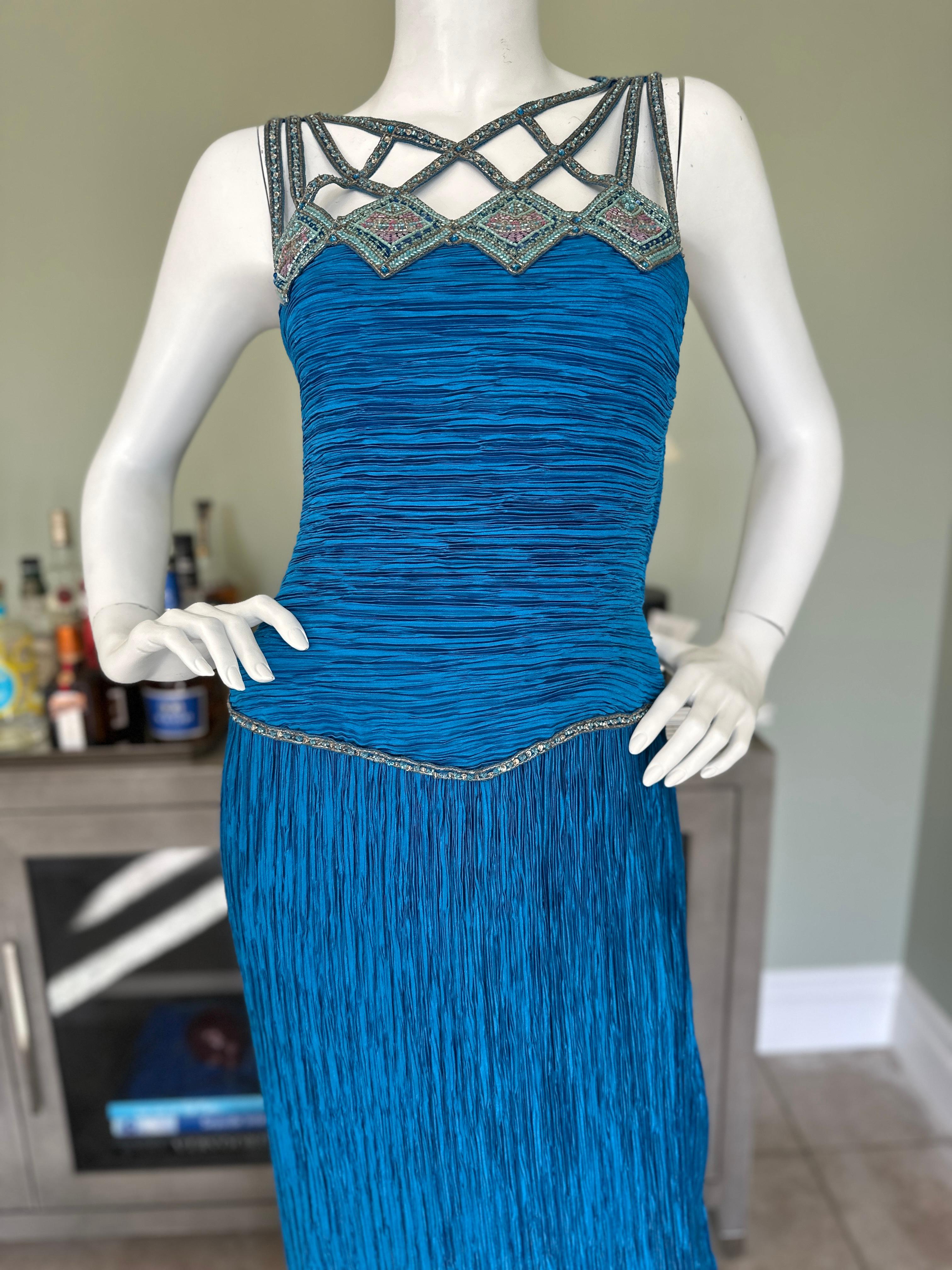Mary McFadden Couture Vintage Blue Beaded Sleeveless Evening Dress In Excellent Condition For Sale In Cloverdale, CA