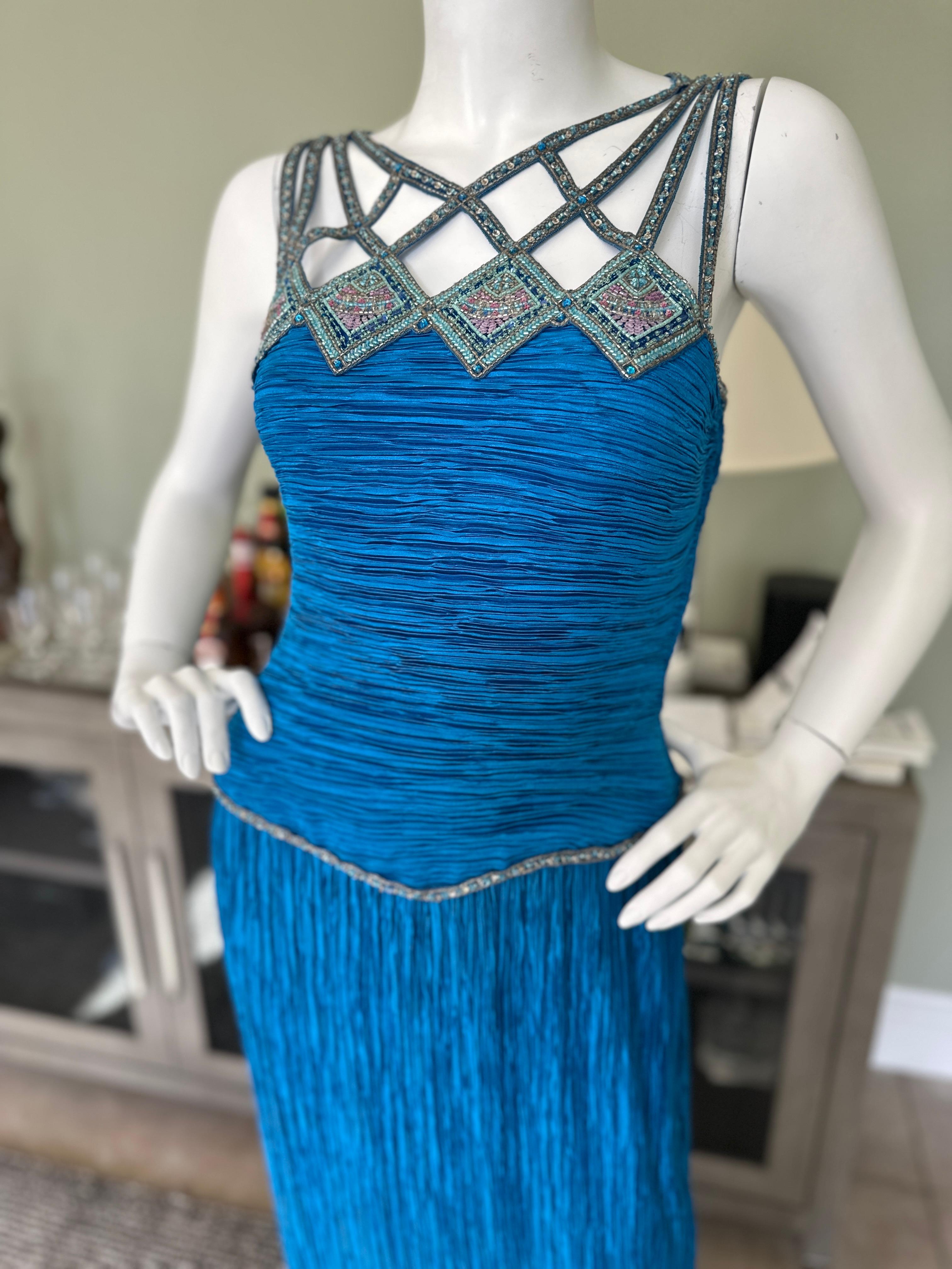 Mary McFadden Couture Vintage Blue Beaded Sleeveless Evening Dress For Sale 1