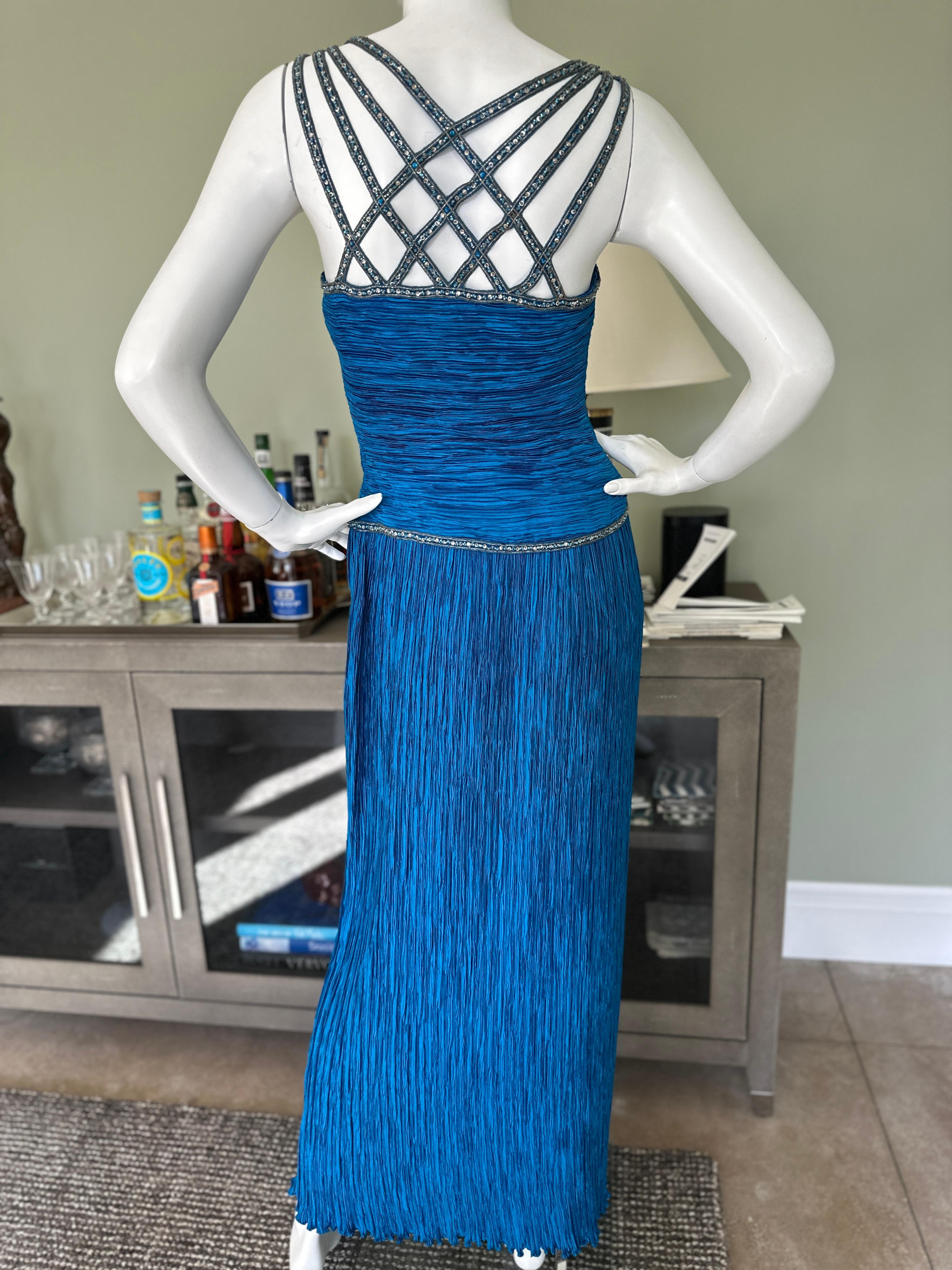 Mary McFadden Couture Vintage Blue Beaded Sleeveless Evening Dress For Sale 2