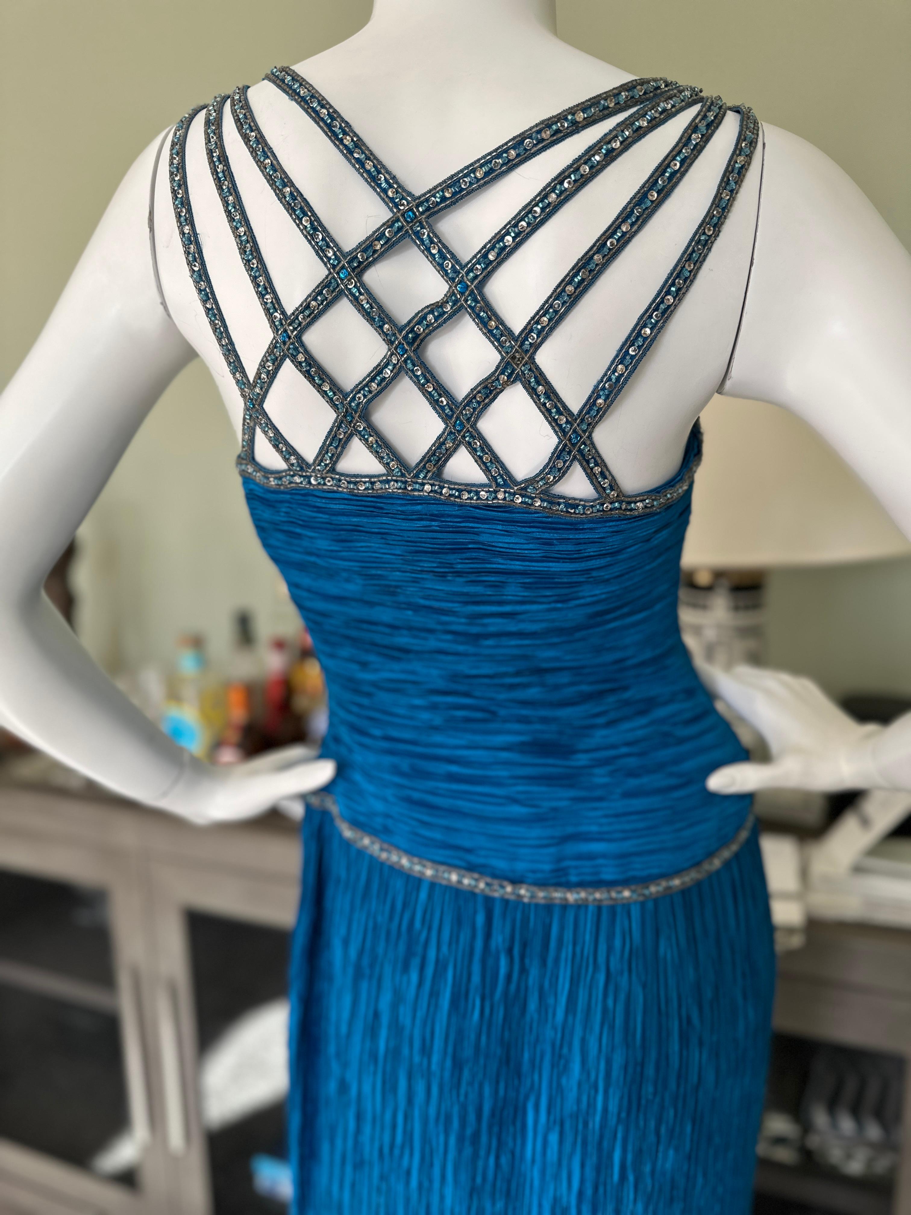 Mary McFadden Couture Vintage Blue Beaded Sleeveless Evening Dress For Sale 3