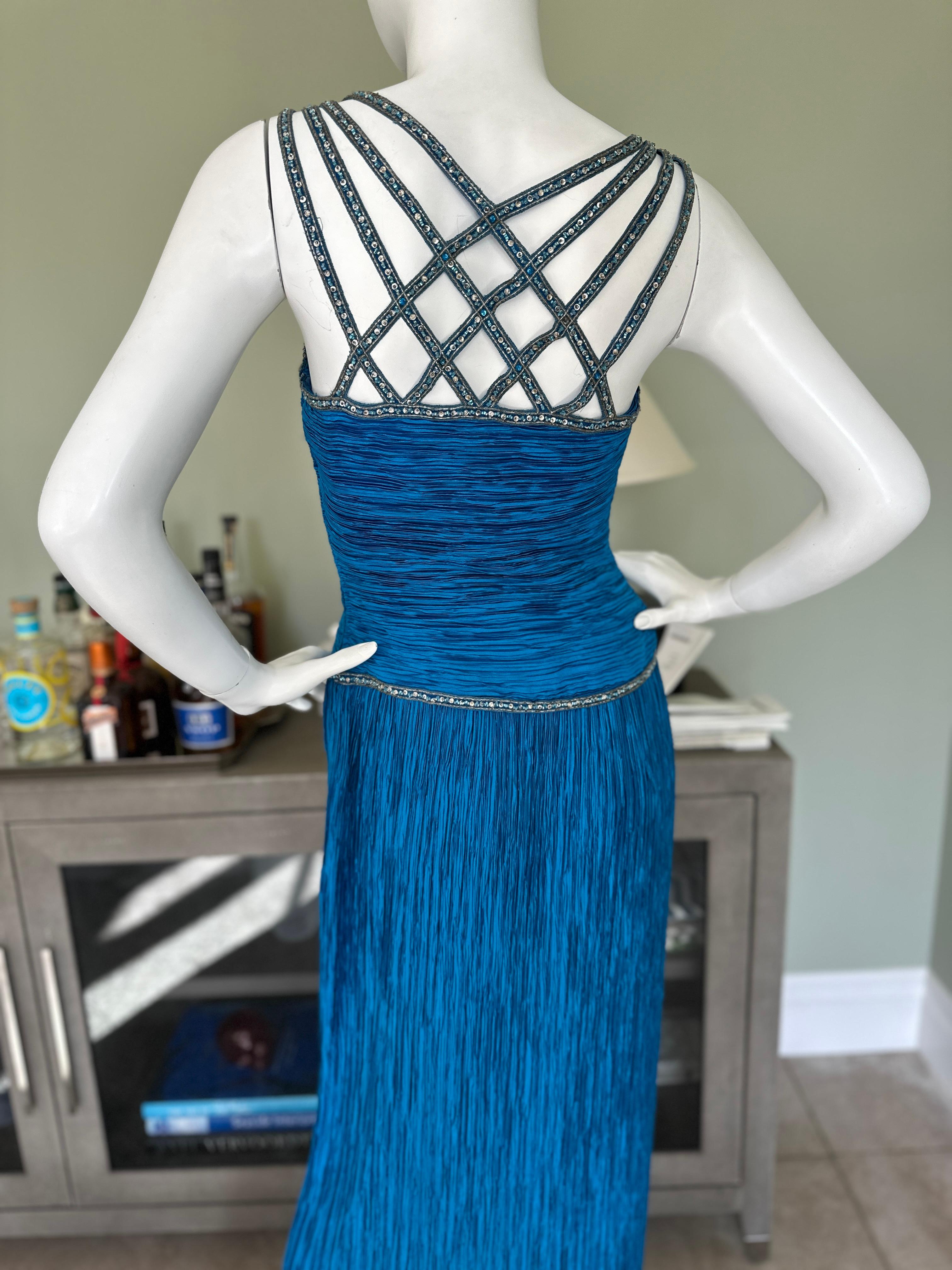 Mary McFadden Couture Vintage Blue Beaded Sleeveless Evening Dress For Sale 4