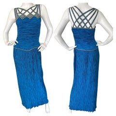Mary McFadden Couture - Robe de soirée sans manches à perles, bleue, vintage