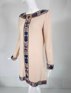Mary McFadden Cream Cashmere Knit with Unique Sequin Trim Tunic Dress 1970s 12