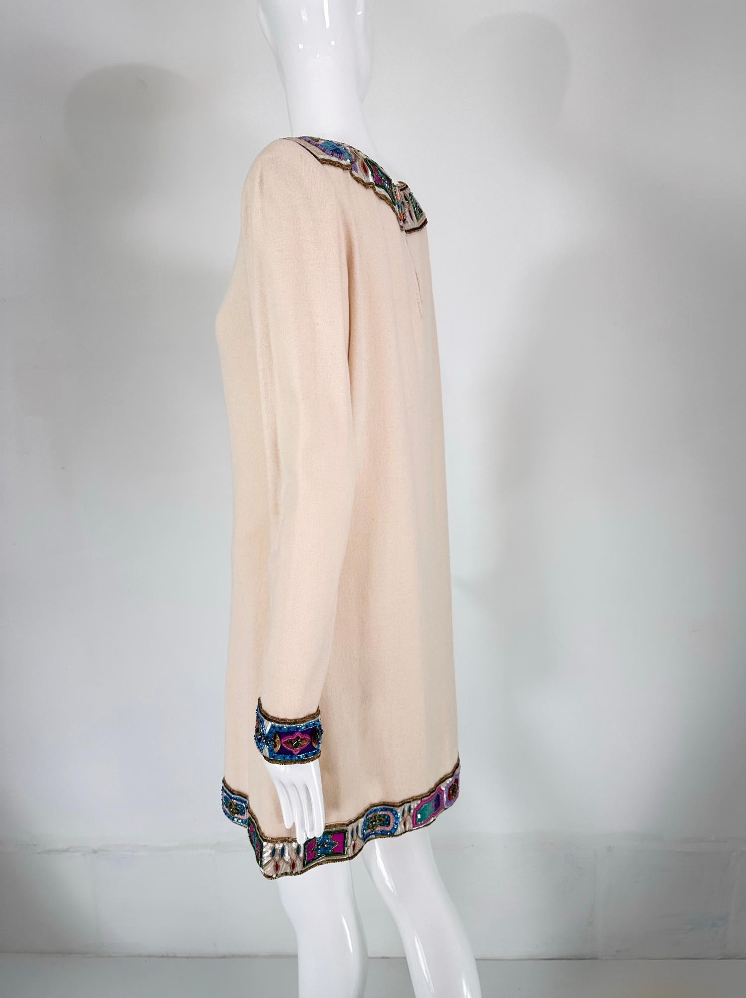 Women's Mary McFadden Cream Cashmere Knit with Unique Sequin Trim Tunic Dress 1970s 12 For Sale