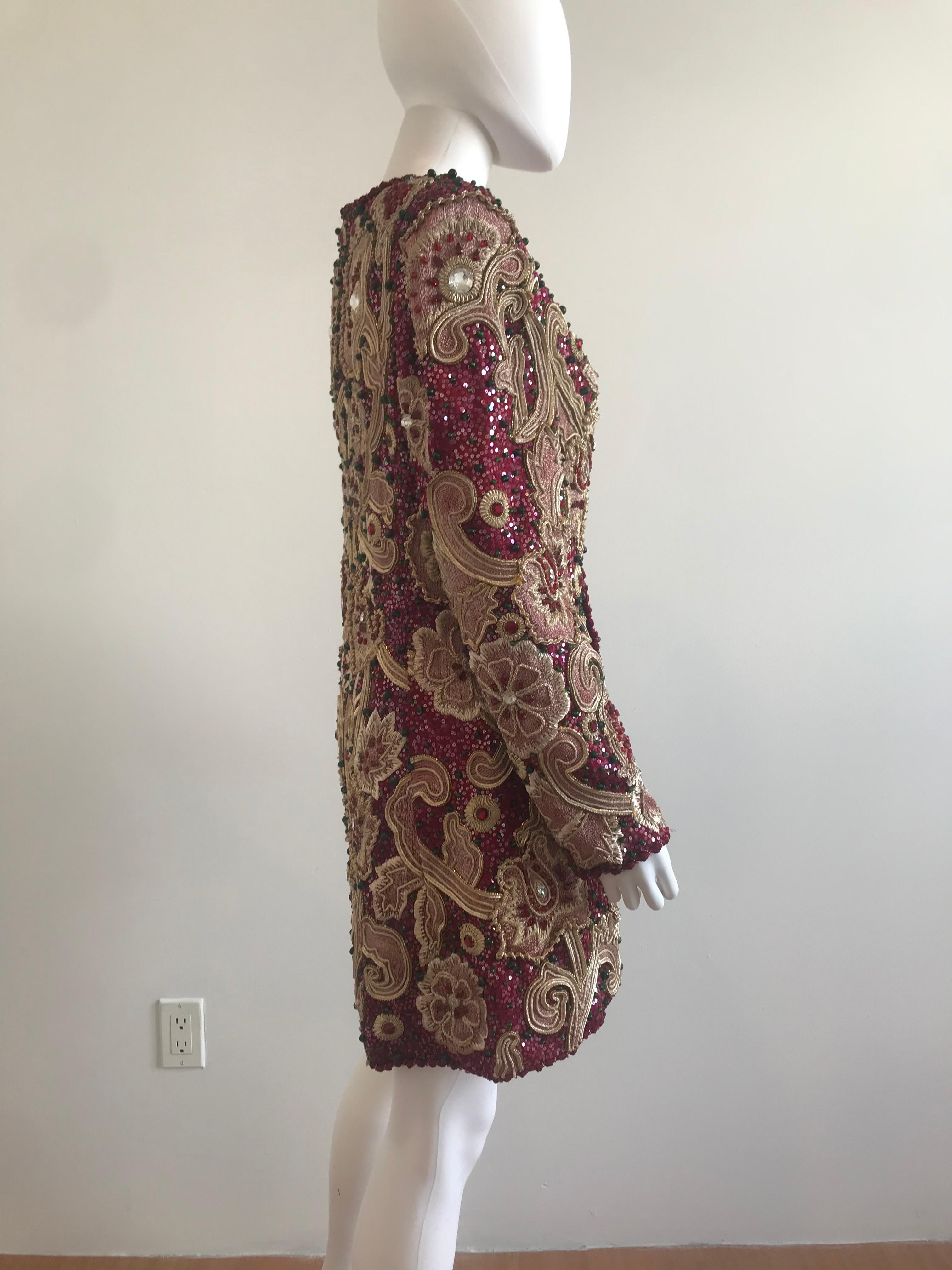 Mary McFadden for Bergdorf Goodman Burgundy Embroidered and Beaded Evening Coat For Sale 1