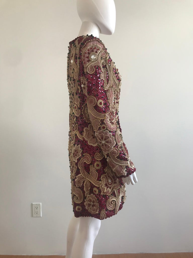 Mary McFadden for Bergdorf Goodman Burgundy Embroidered and Beaded Evening Coat For Sale 4