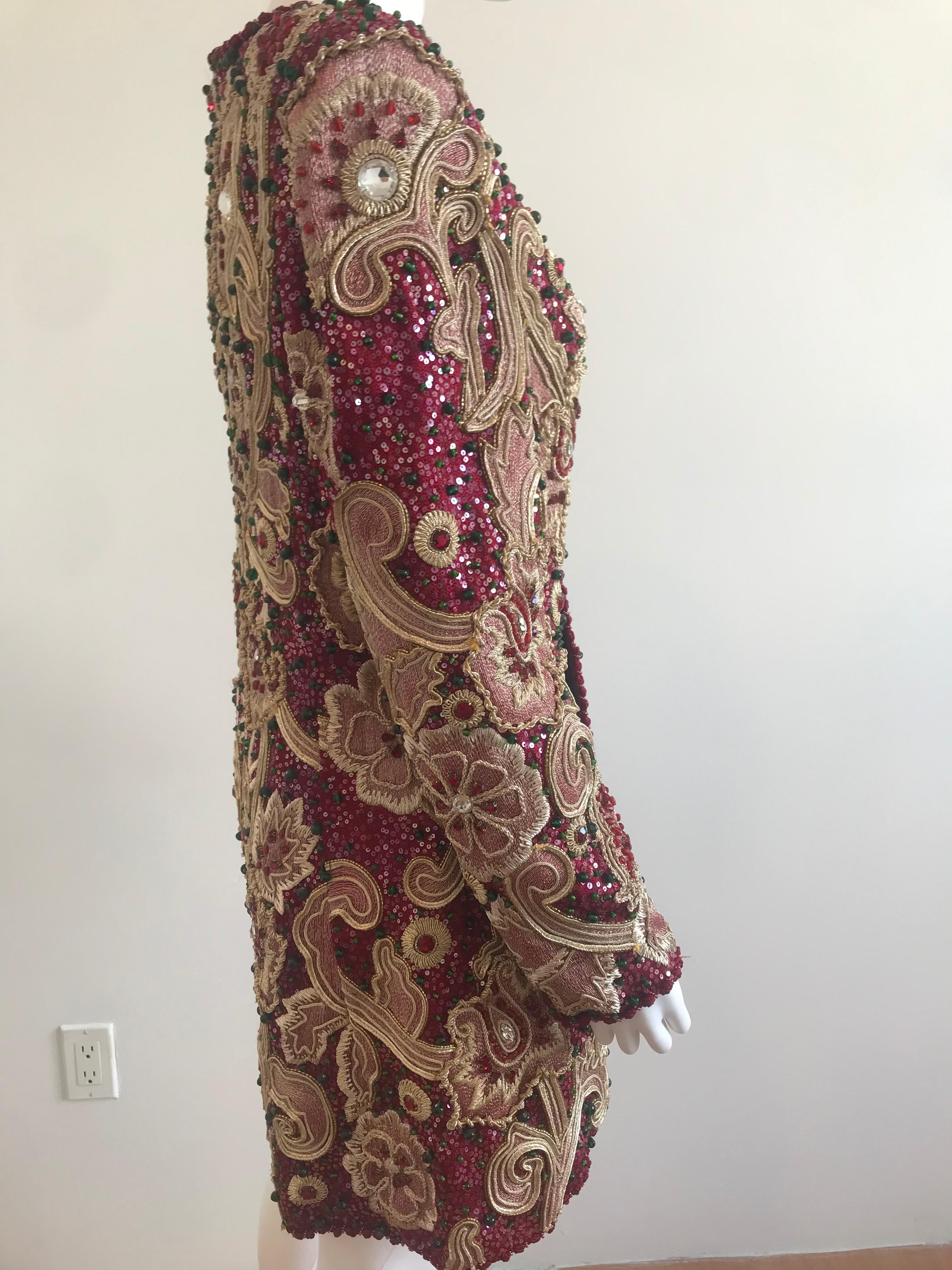 Mary McFadden for Bergdorf Goodman Burgundy Embroidered and Beaded Evening Coat For Sale 2