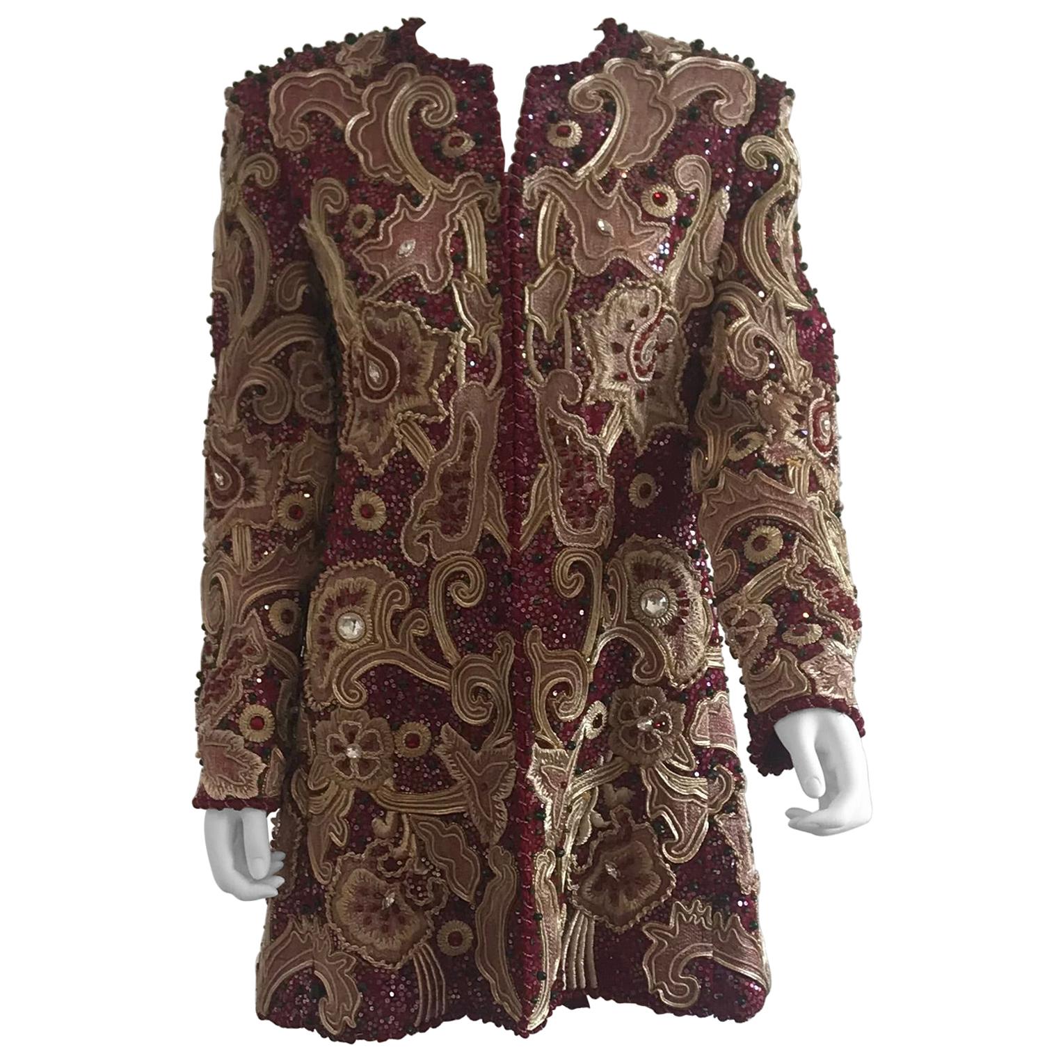 Women's Mary McFadden for Bergdorf Goodman Burgundy Embroidered and Beaded Evening Coat For Sale