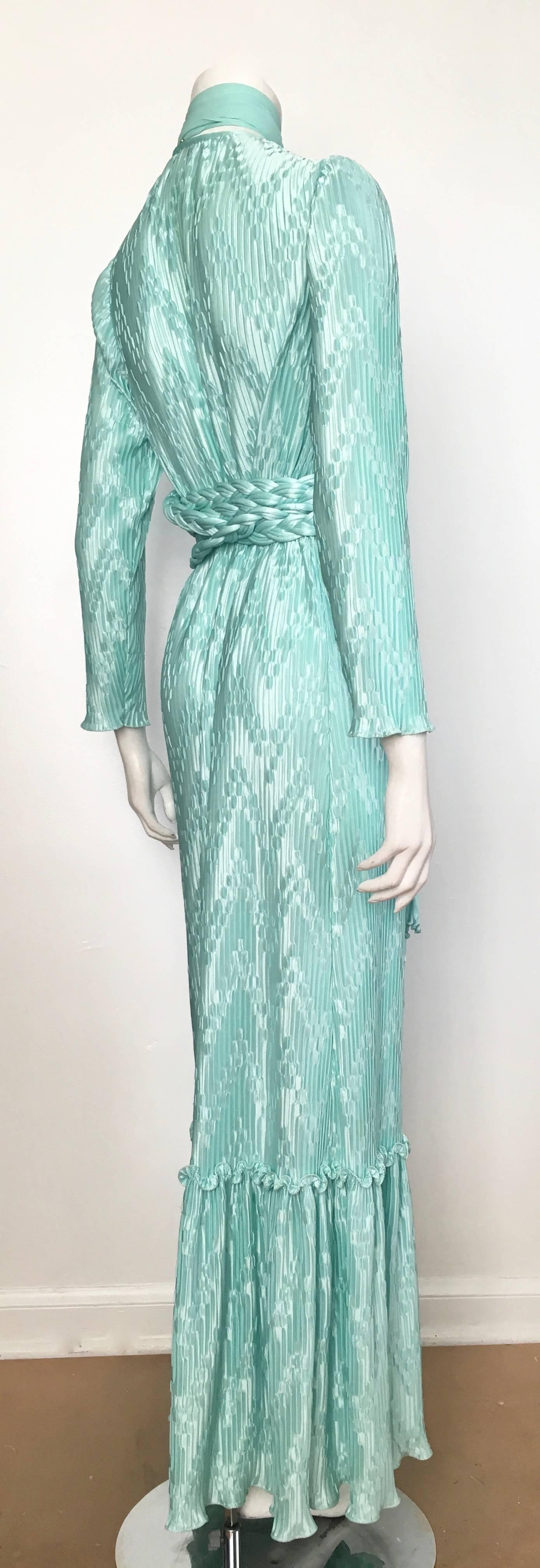 Mary McFadden for Bonwit Teller 1970s Aqua Maxi Dress with Belt Size Small.  In Excellent Condition In Atlanta, GA