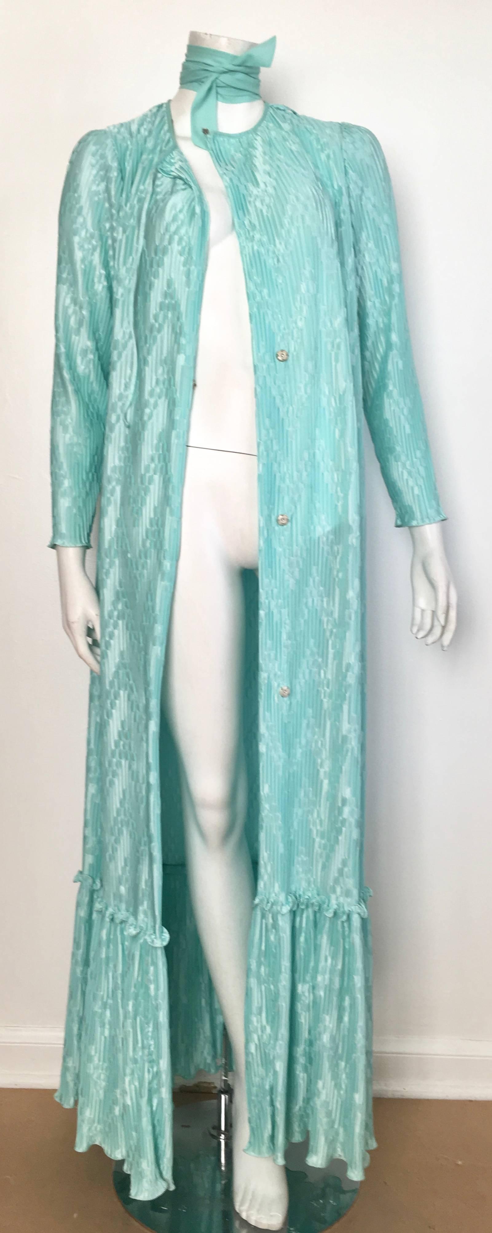 Mary McFadden for Bonwit Teller 1970s Aqua Maxi Dress with Belt Size Small.  3