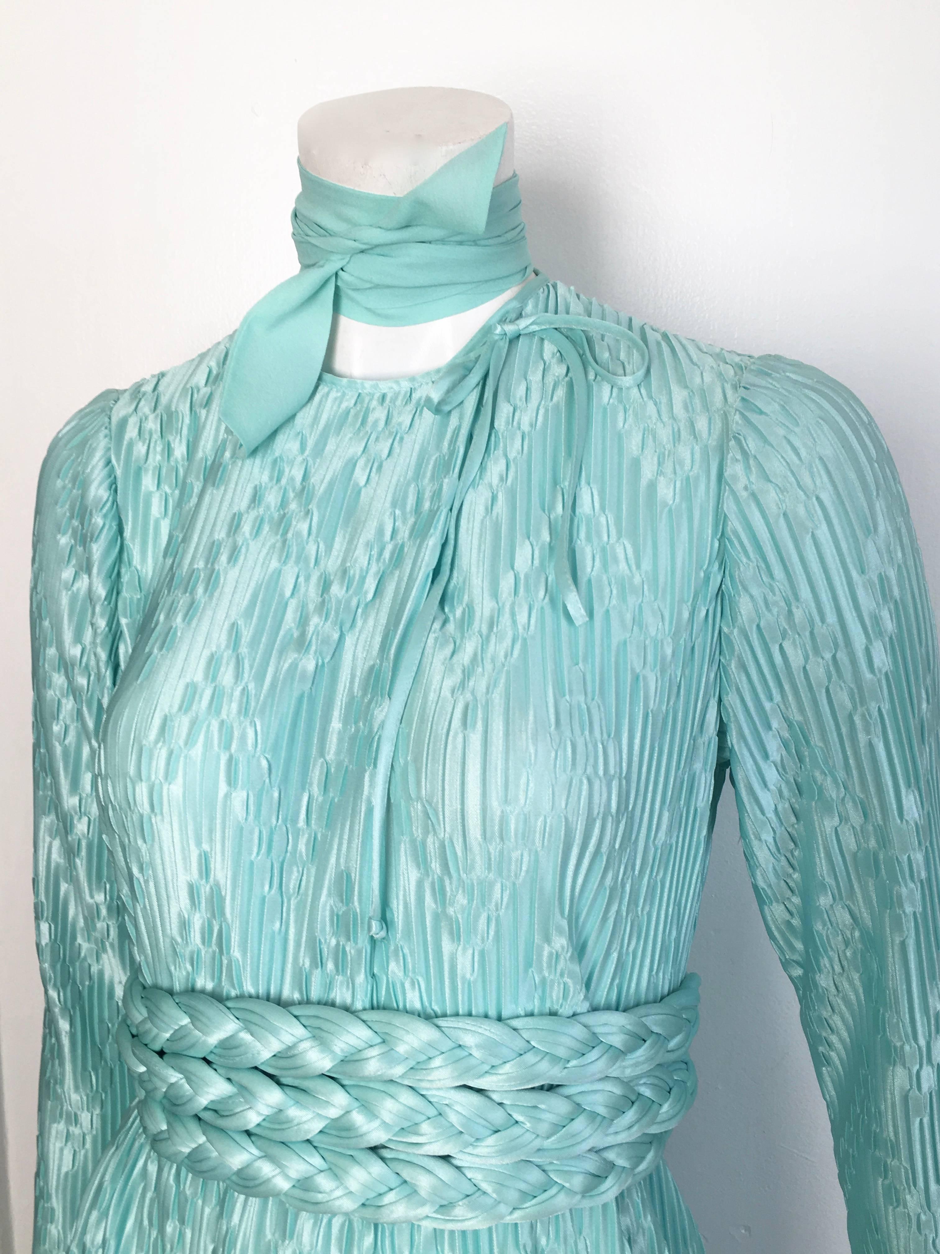 Mary McFadden for Bonwit Teller 1970s Aqua Maxi Dress with Belt Size Small.  4