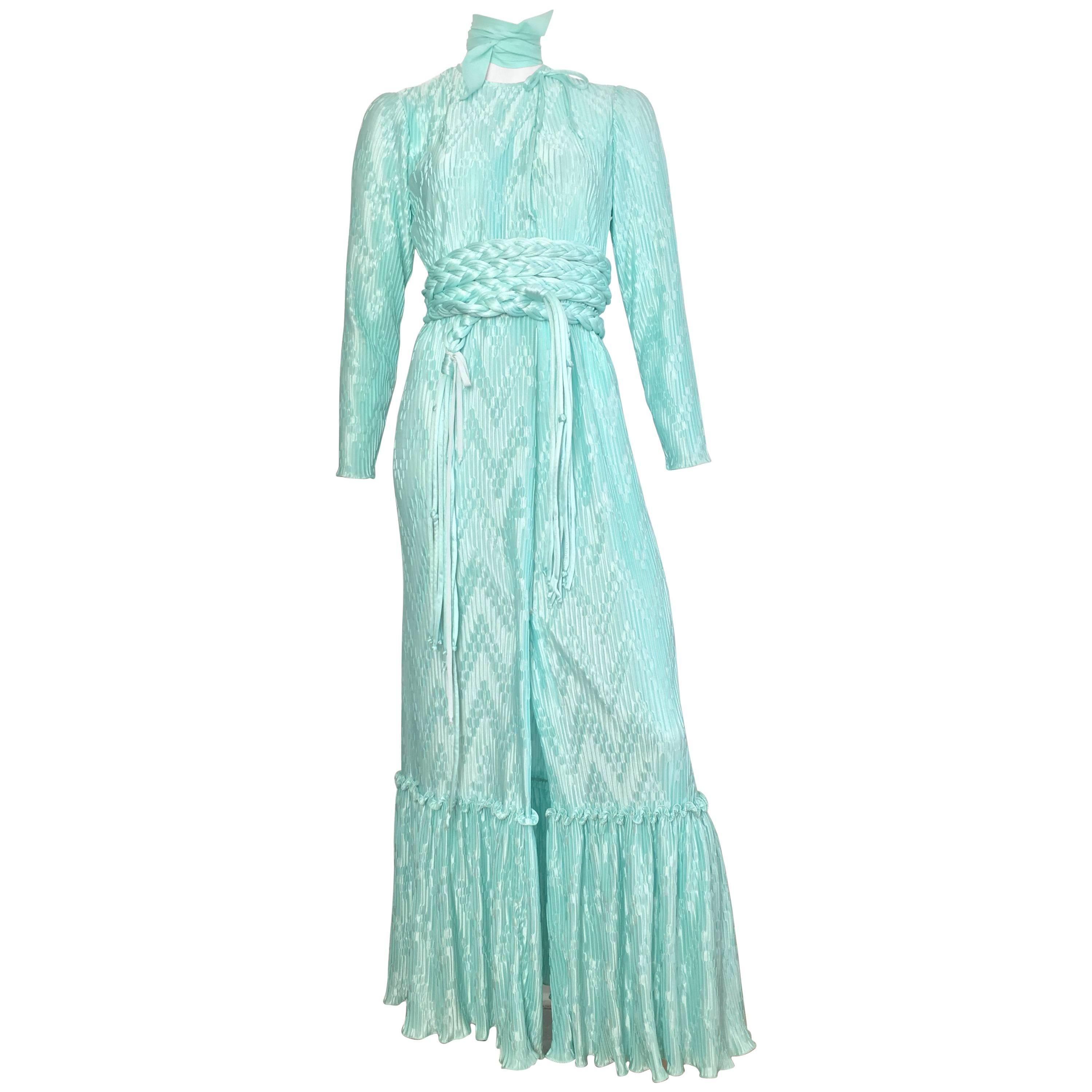Mary McFadden for Bonwit Teller 1970s Aqua Maxi Dress with Belt Size Small.