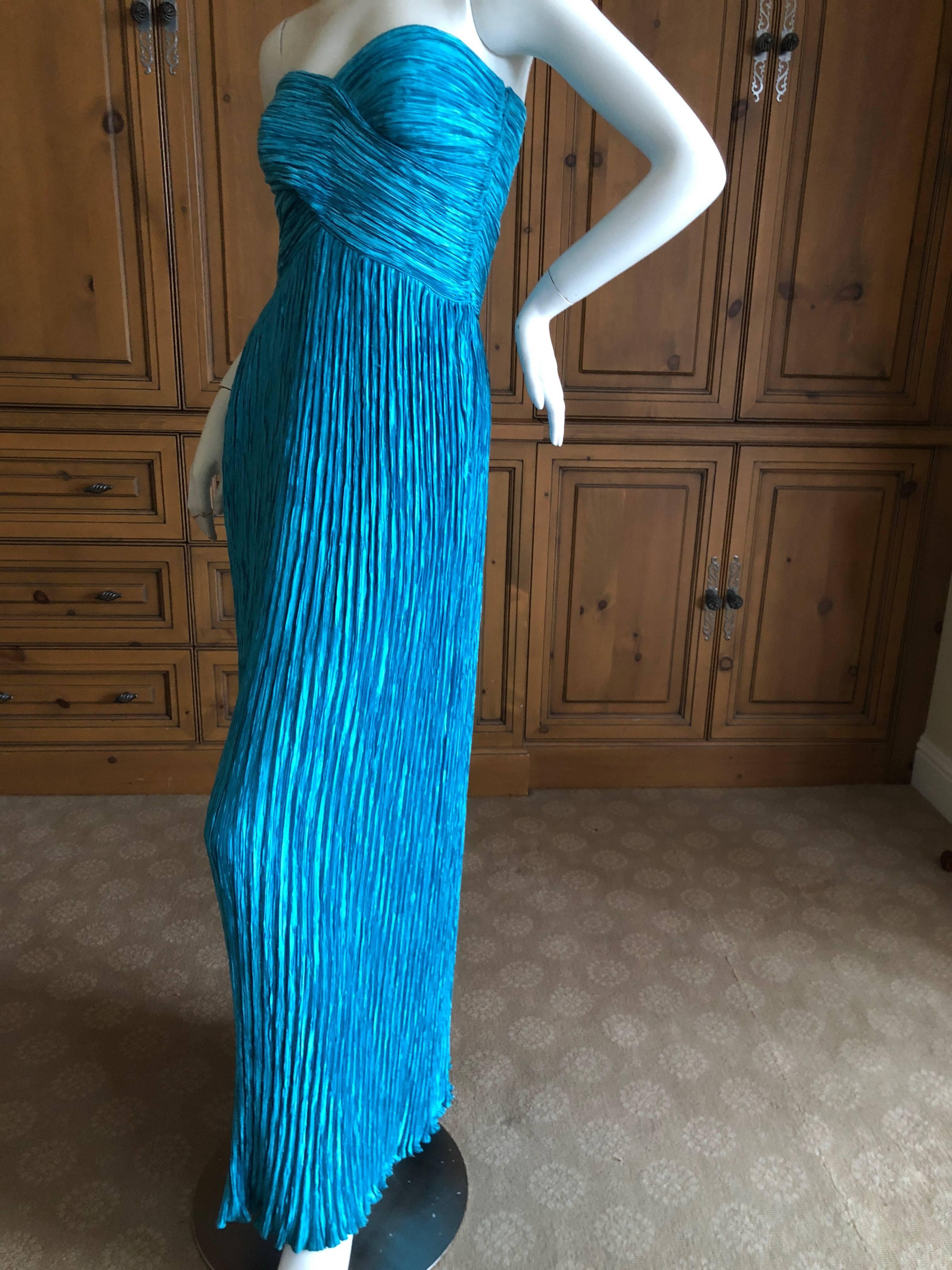 Women's Mary McFadden for Martha 1970's Turquoise Plisse Pleated Strapless Evening Dress