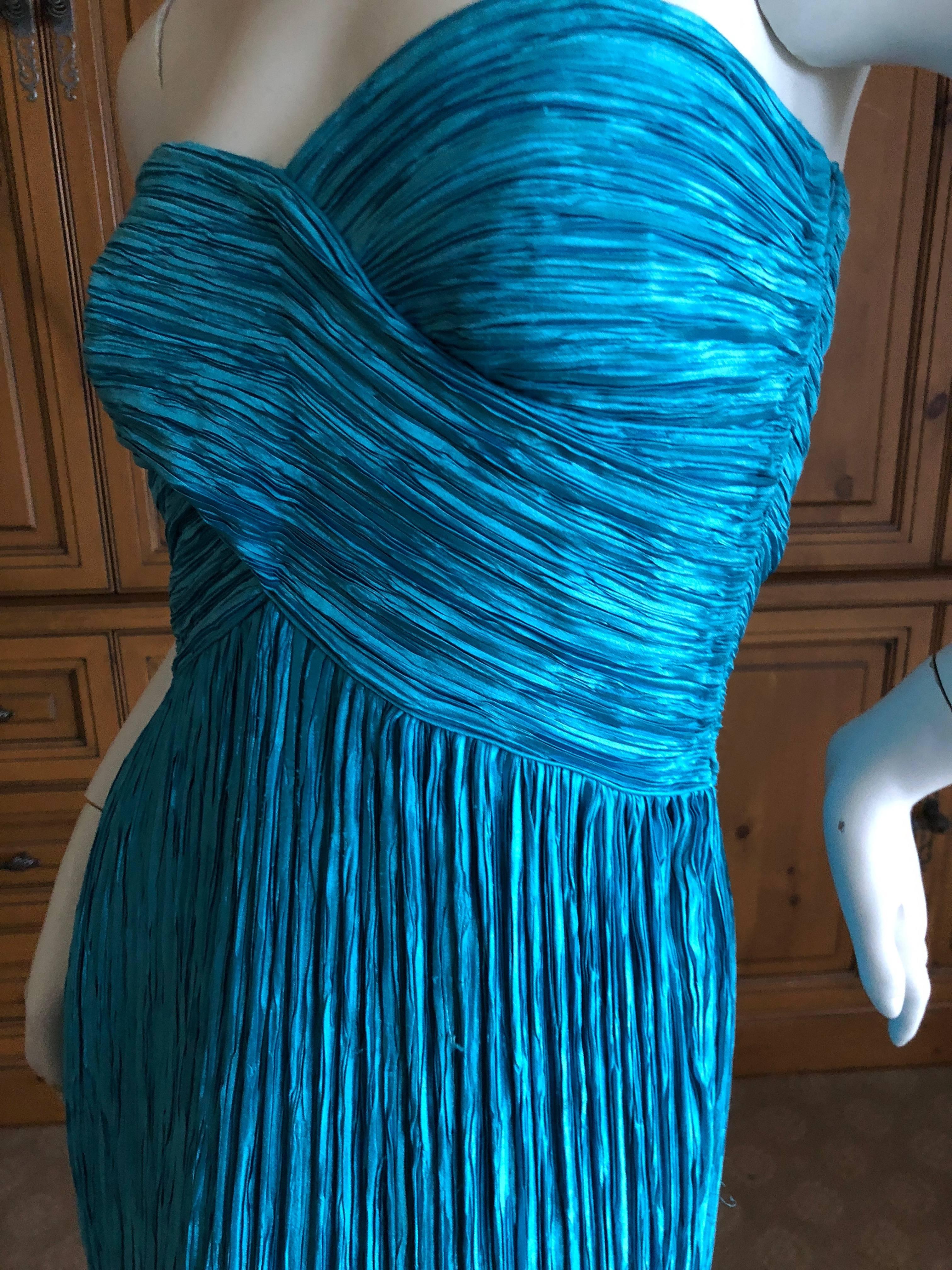 Mary McFadden for Martha 1970's Turquoise Plisse Pleated Strapless Evening Dress 1