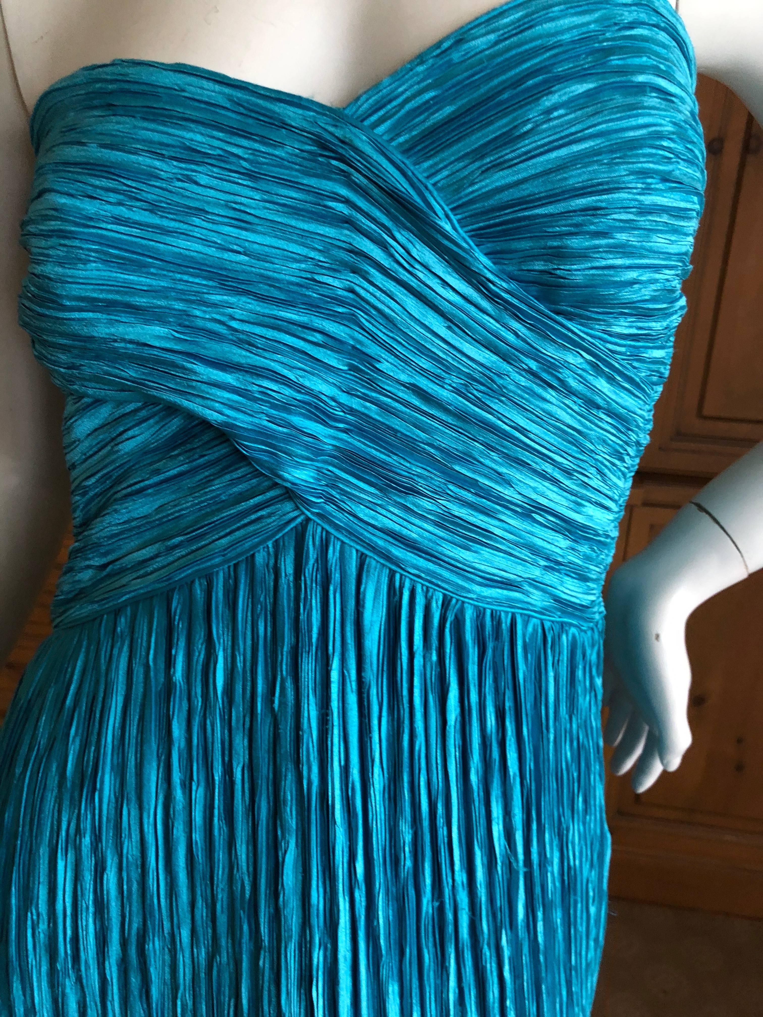 Mary McFadden for Martha 1970's Turquoise Plisse Pleated Strapless Evening Dress 2