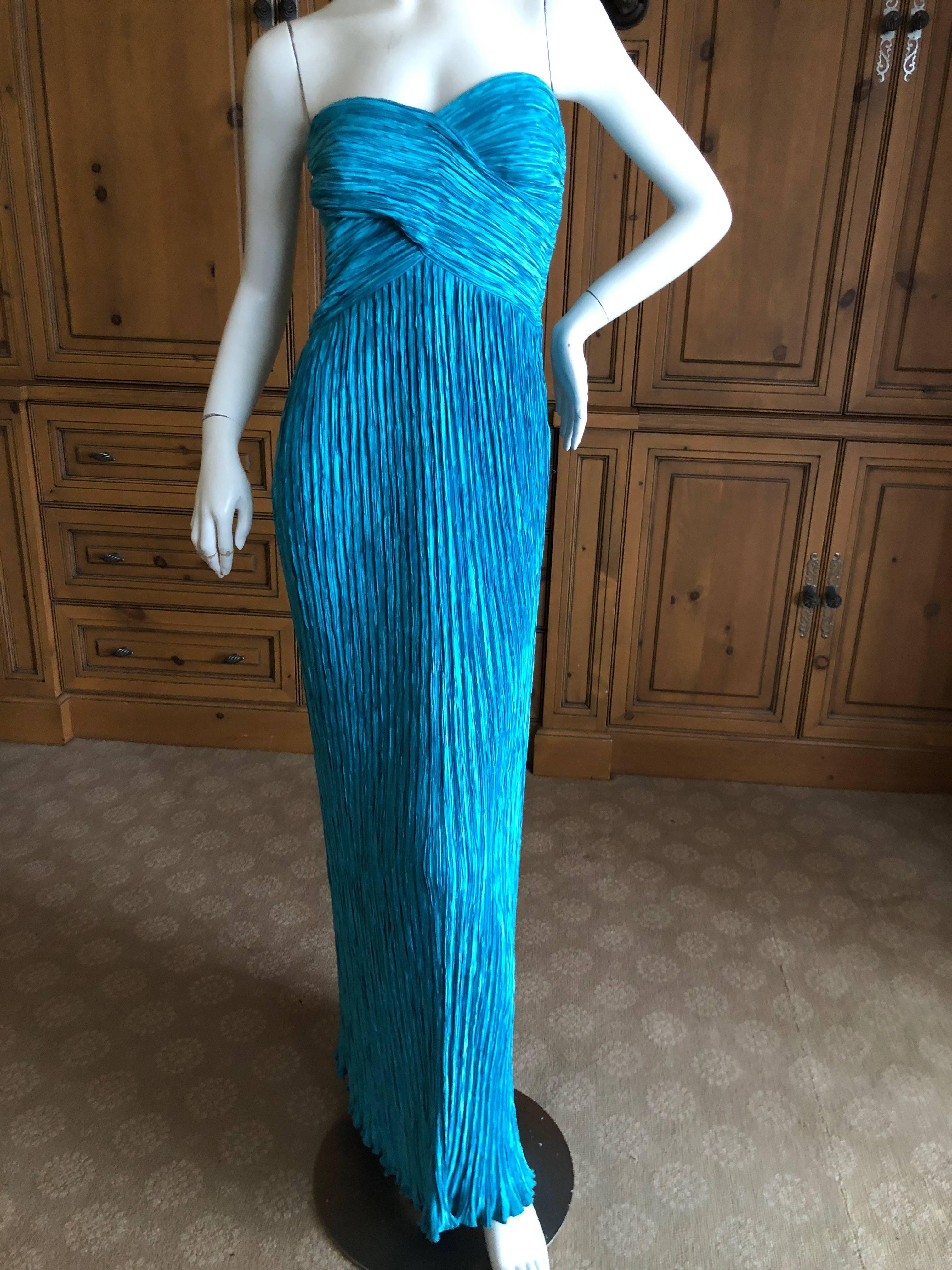 Mary McFadden for Martha 1970's Turquoise Plisse Pleated Strapless Evening Dress 4