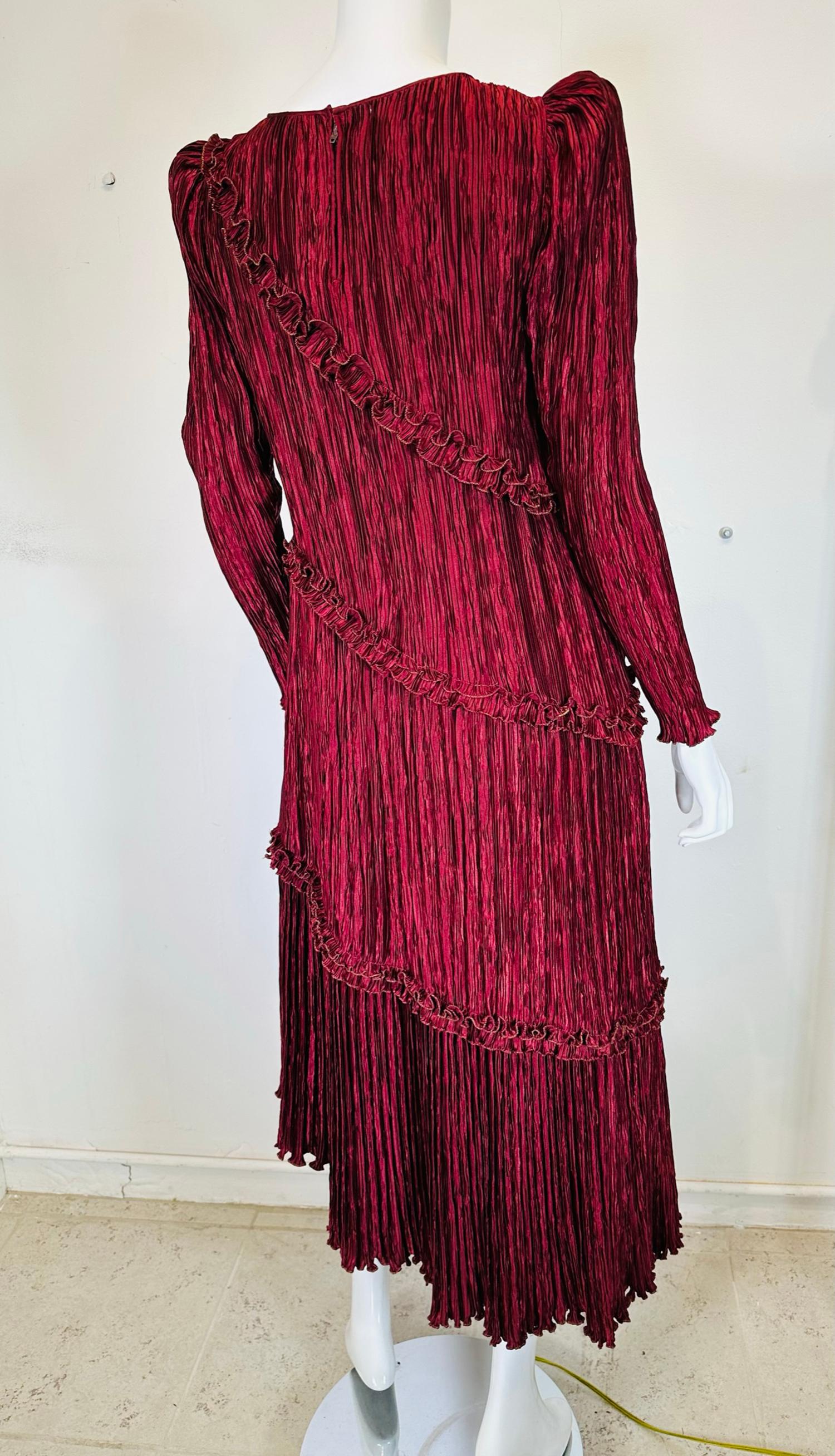 Mary McFadden Garnet & Gold Pleated Peaked Shoulder Asymmetrical Hem Dress 1970s For Sale 1