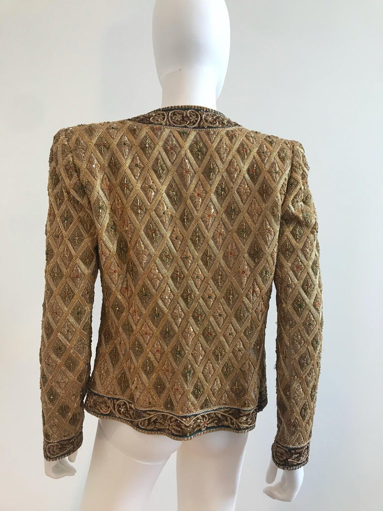 Women's Mary McFadden Gold Embroidered Beaded Jacket with Metal Strip Work For Sale