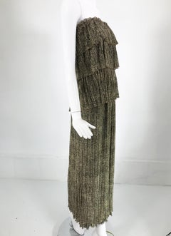 Mary McFadden Gold Metallic Jacquard Pleated Tiered Maxi dress 1970s