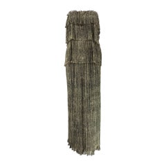 Mary McFadden Gold Metallic Jacquard plissiertes gestuftes Maxikleid 1970er